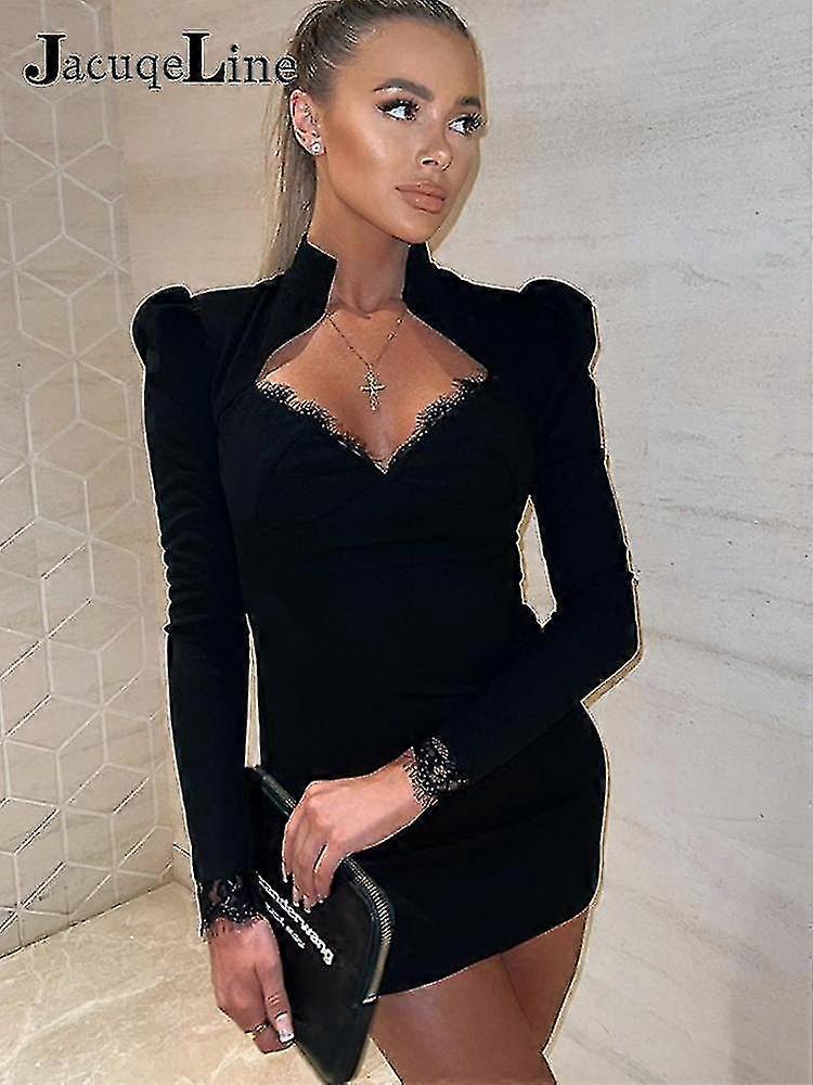 أسود الدانتيل نفخة الأكمام الجسم فستان المرأة الترقيع الرجعية حزب نادي أنيقة فستان مثير