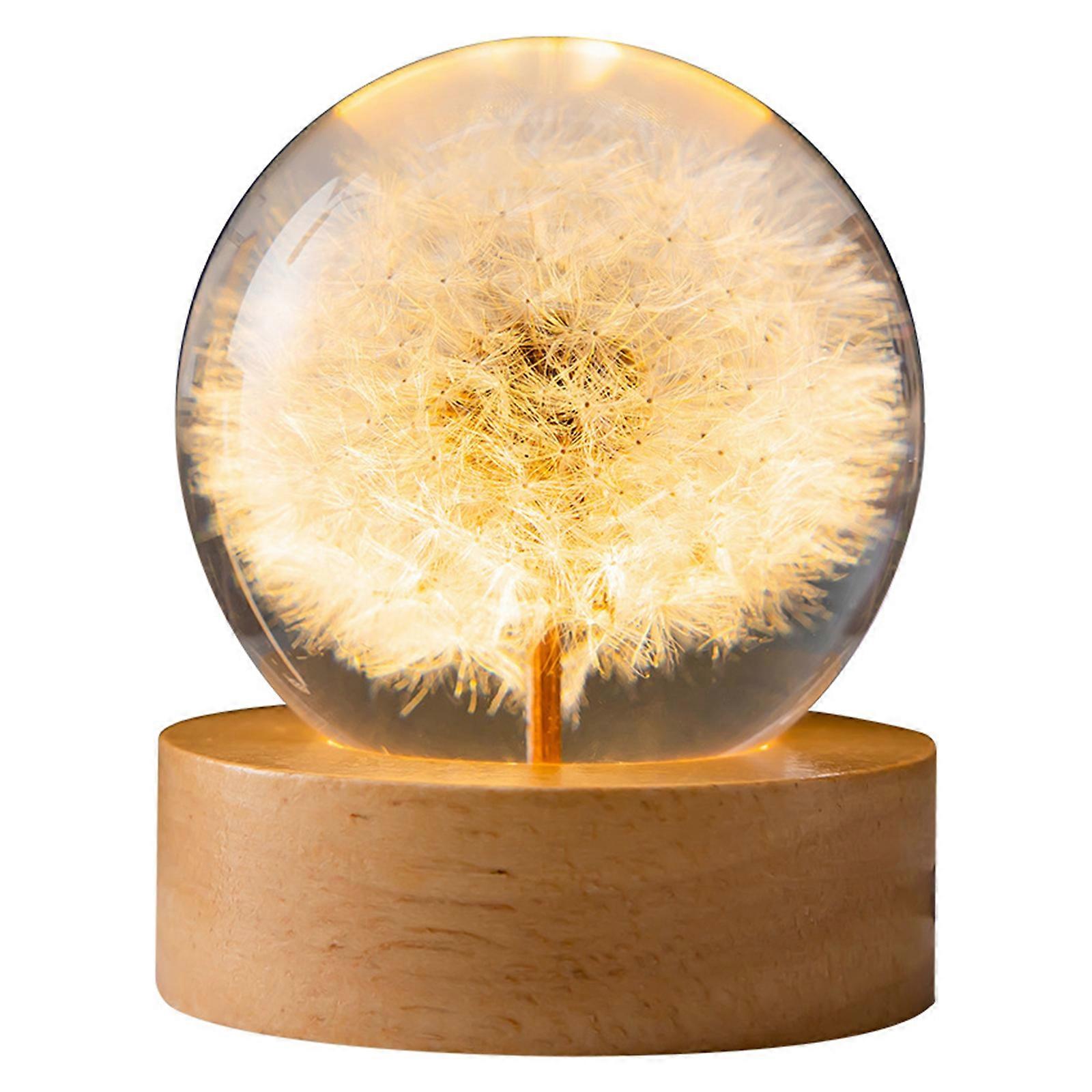 Luminous Crystal Ball Rotating Night Light with Wooden Base and Eternal Flower