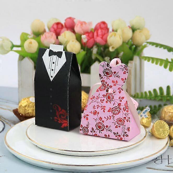 100 Pieces Wedding Bomboniere Cake Candy Gift Box Dresses and Tuxedos Bride Groom