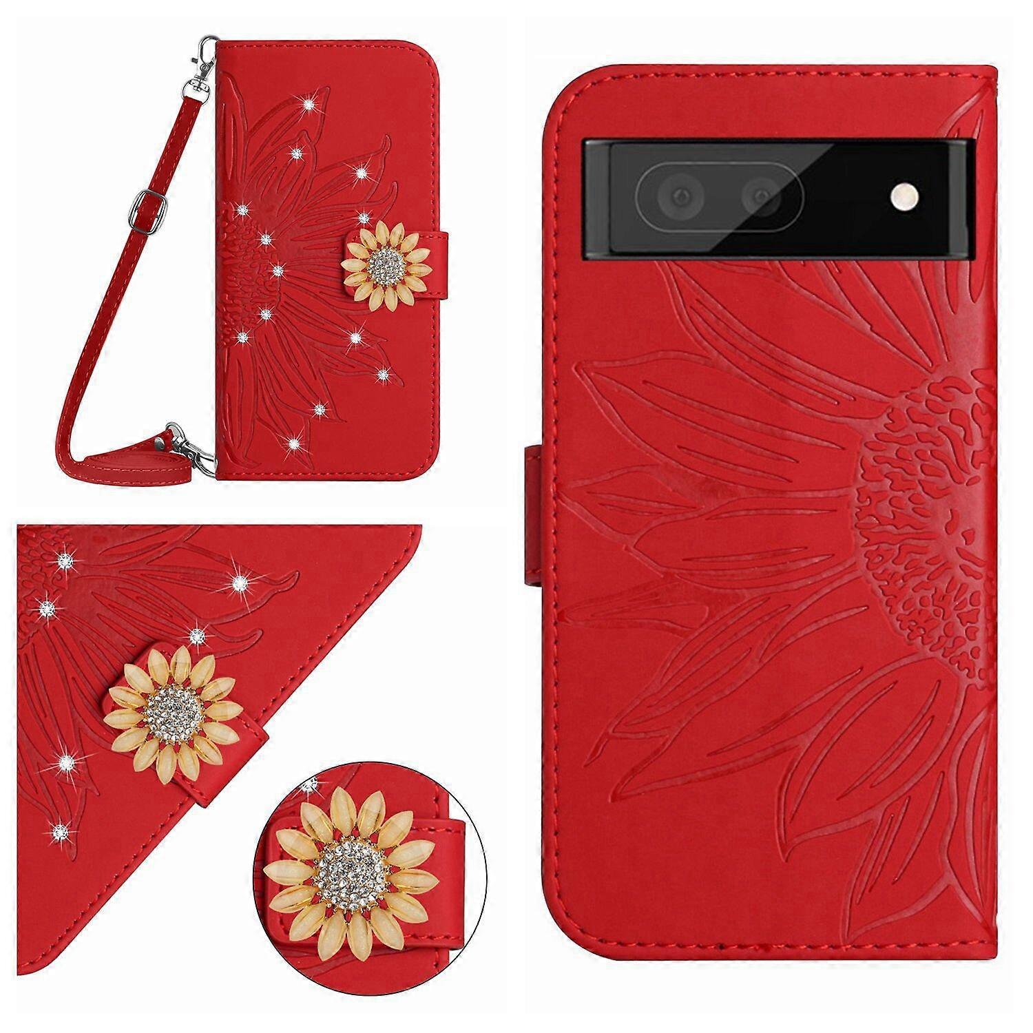 Compatible With Google Pixel 7 Embossed Sunflower with Diamonds Magnetic Card Holder Wallet Phone Case with Shoulder Strap