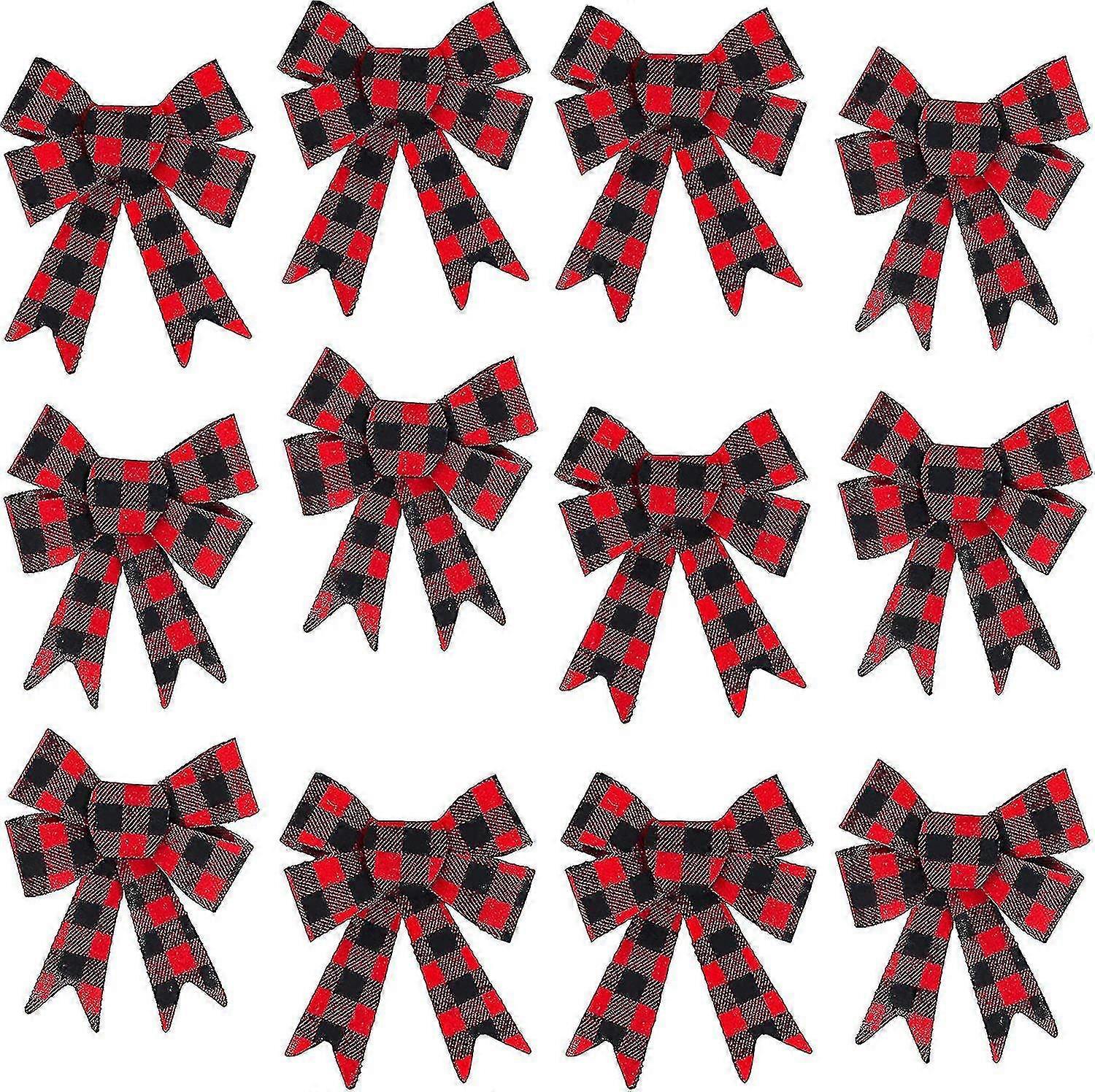 5-loop Red Buffalo Plaid Flannel Bows 5 X 7-inch, 12-pack