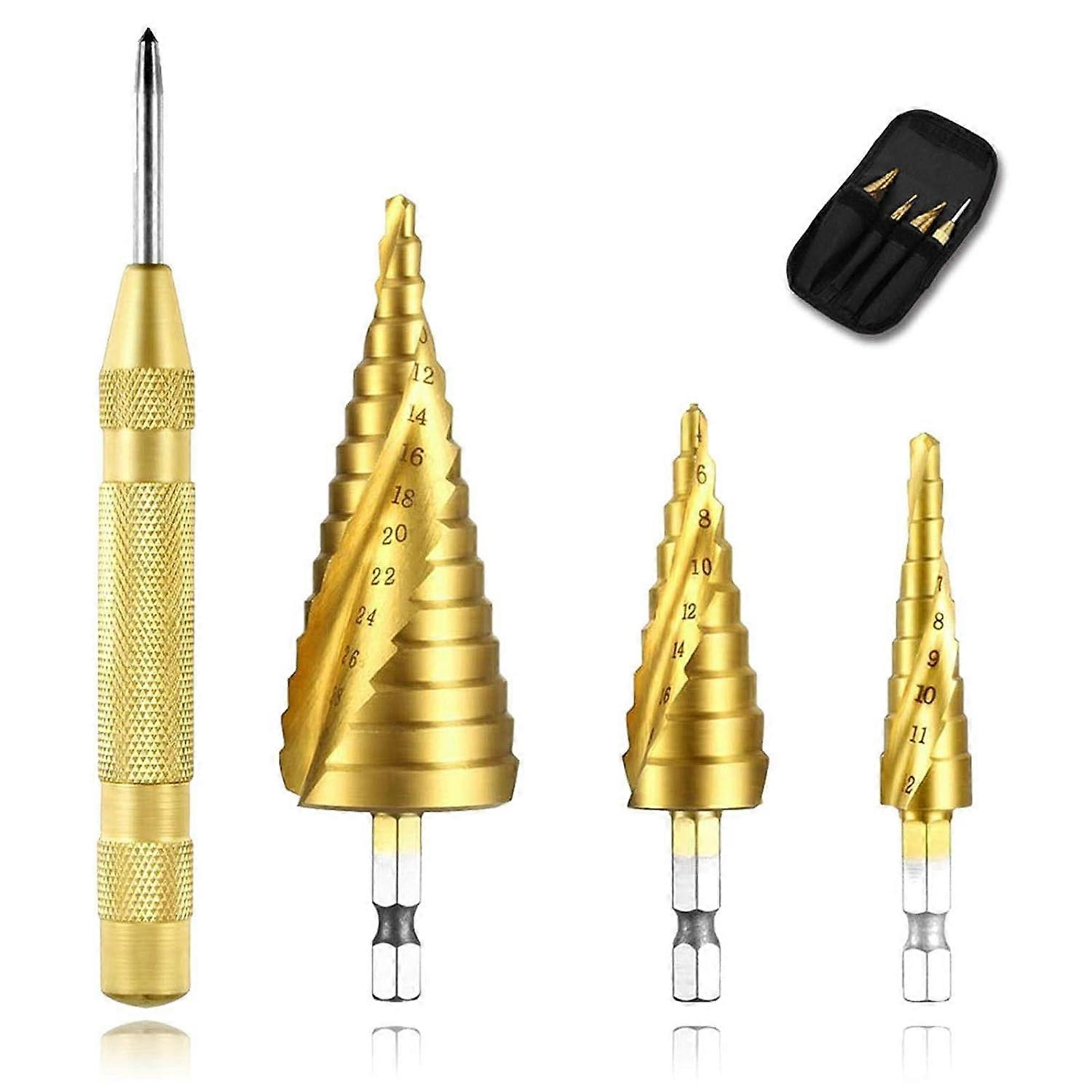 HSS Titanium Coated Spiral Groove Step Drill 4 Piece Set - High Quality Tool for Precision Drilling