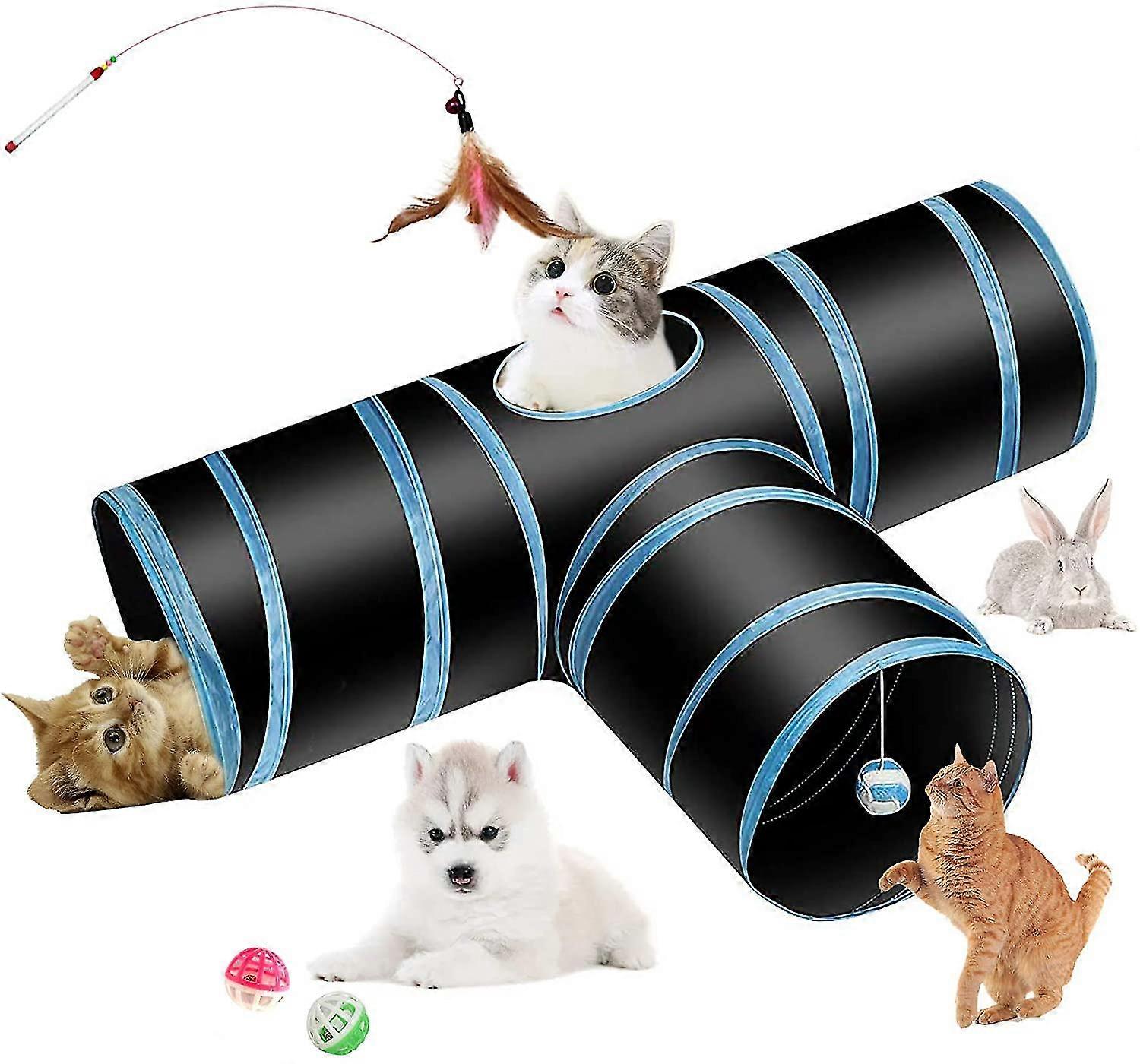 cat tunnel cat play, cat toy 3-way collapsible pipe, rabbit tunnel, suitable for cats, puppies, rabbits, guinea pigs, pet toys with balls and feathers