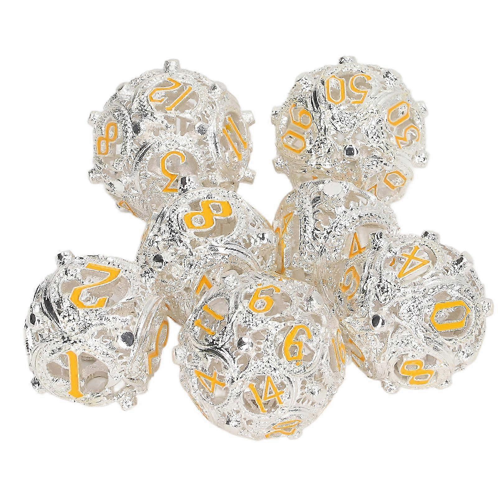 Copper Hollow Dice Set 7pcs Engraved Metal Polyhedral Balanced Rolling for Board Games Silver Yellow