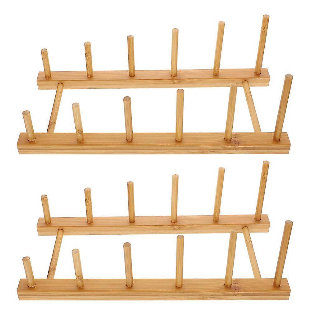 2pcs Bamboo Dish Drying Racks Draining Storage Stands for Tableware (Khaki)