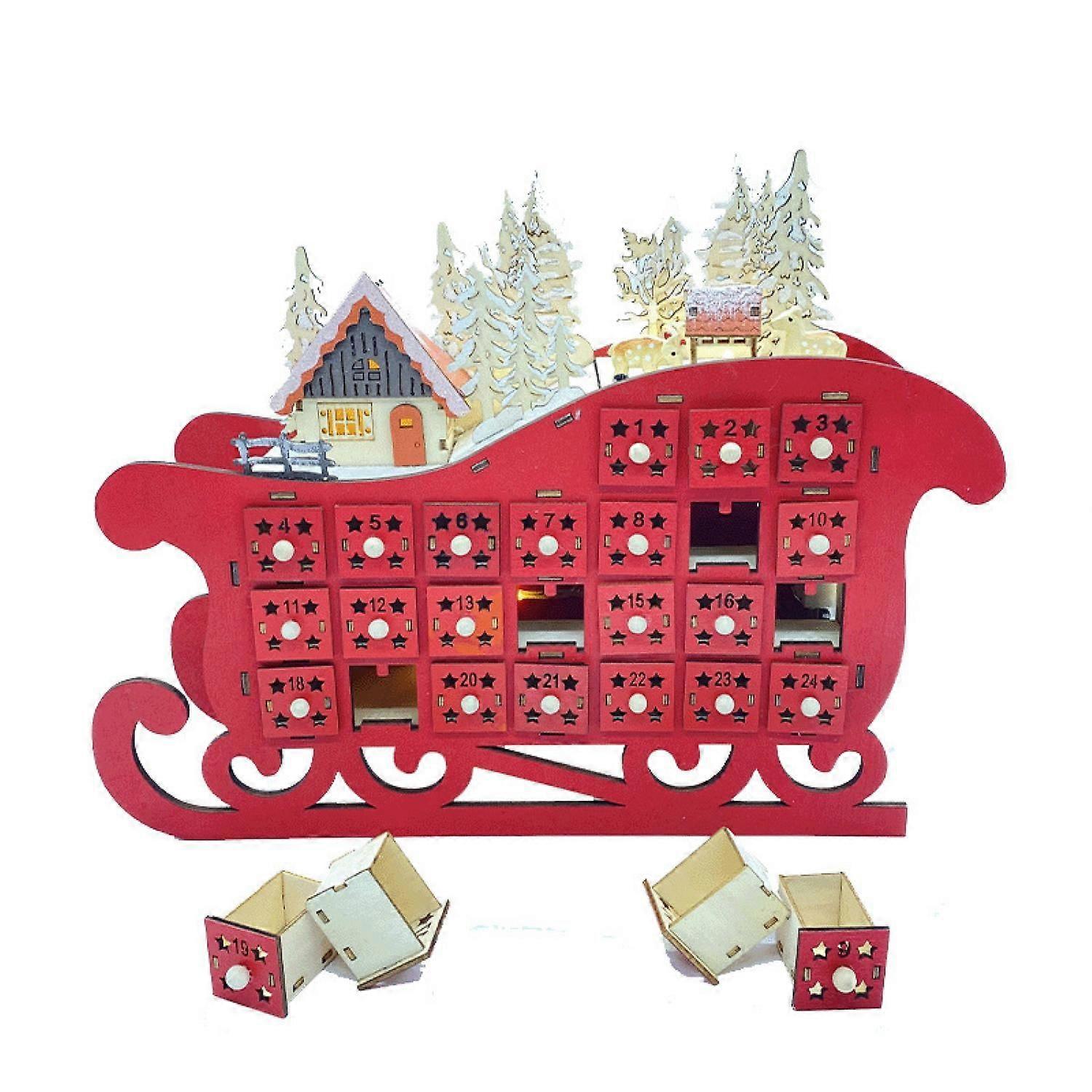 JUSTUP Advent Calendar with Lighted Reindeer Sled Christmas Tree Snowflake Lighted Wooden Countdown to Christmas Calendar Decoration with 24 Storage D