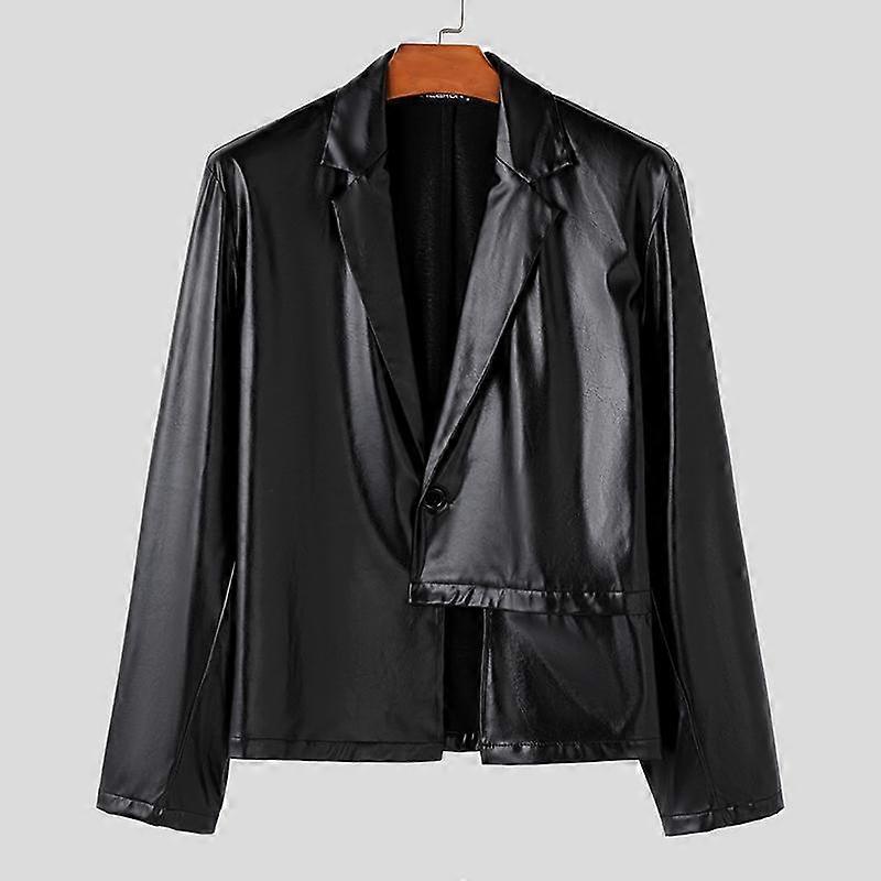 INCERUN Autumn Winter Men Lapel Long Sleeve PU Leather Blazer One Button Irregular Coats