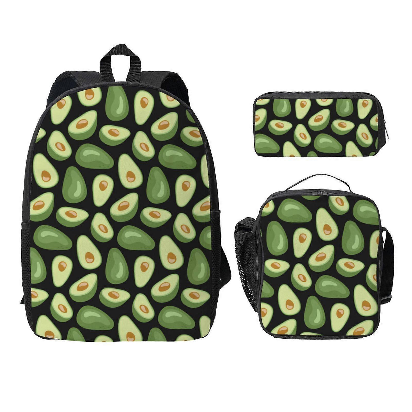 Avocado Pattern Backpack Lunch Bag Pencil Case 3 Pcs Set with Mesh Pocket 01