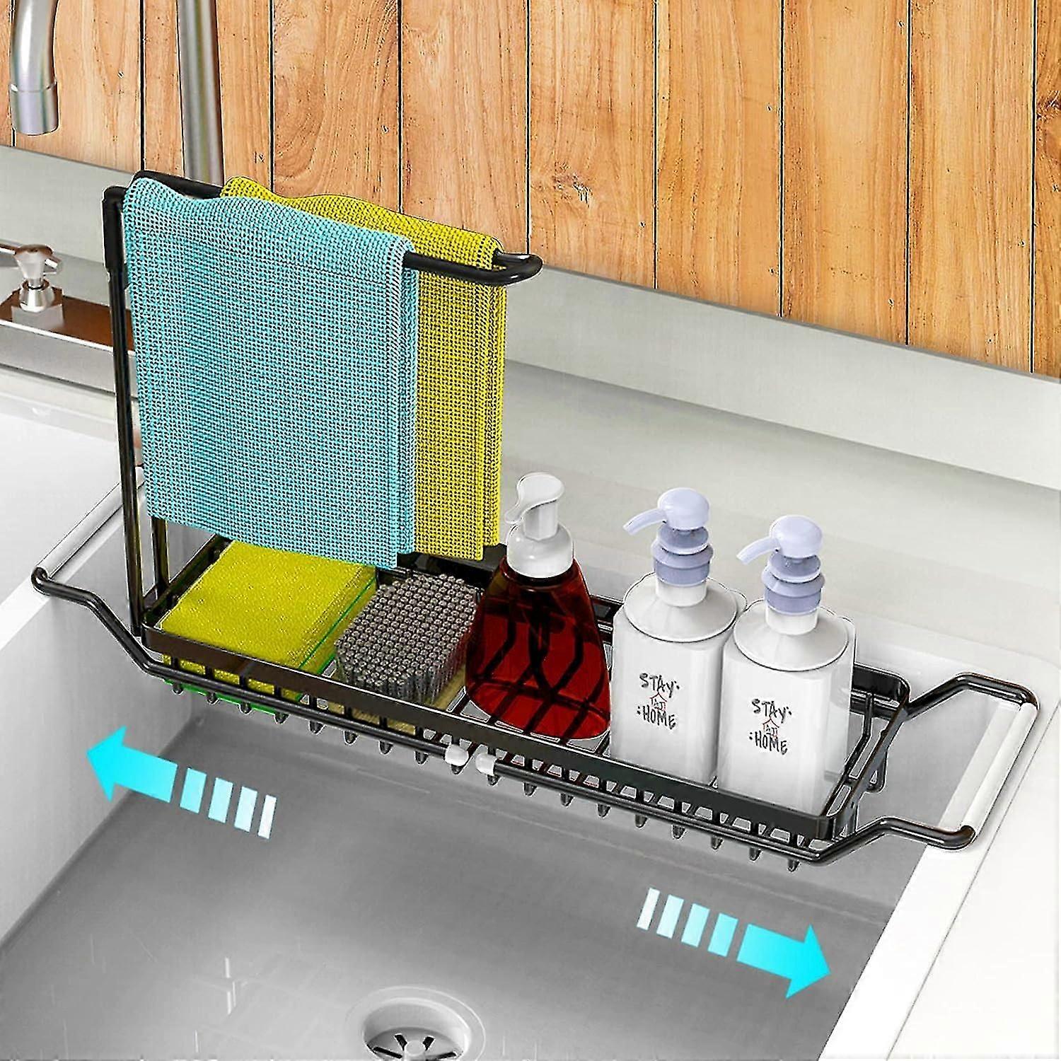 Sink Caddy, Telescopic Sink Storage Rack, Stainless Steel Sponge Holder For Kitchen Sink, Over Sink Sponge Holder With Dishcloth Towel Holder, Expanda