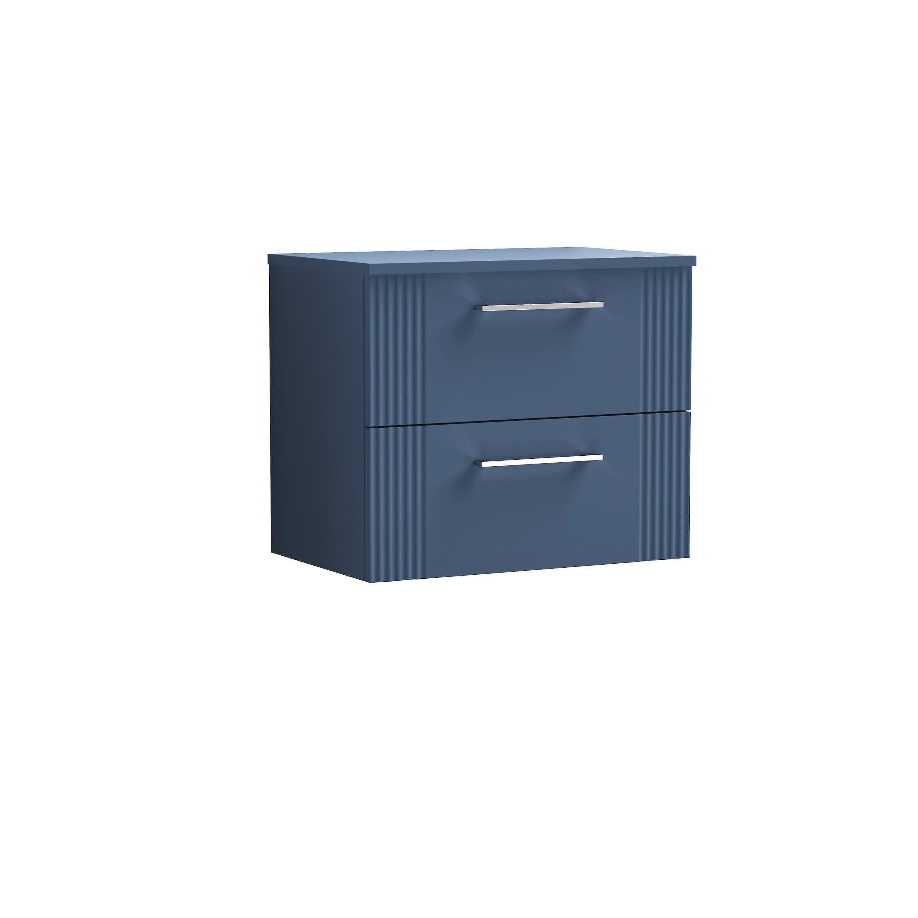 Partial Fluted 2 Drawer Wall Hung Vanity Unit with Colour Coordinating Laminate Worktop - 600mm - Satin Blue 