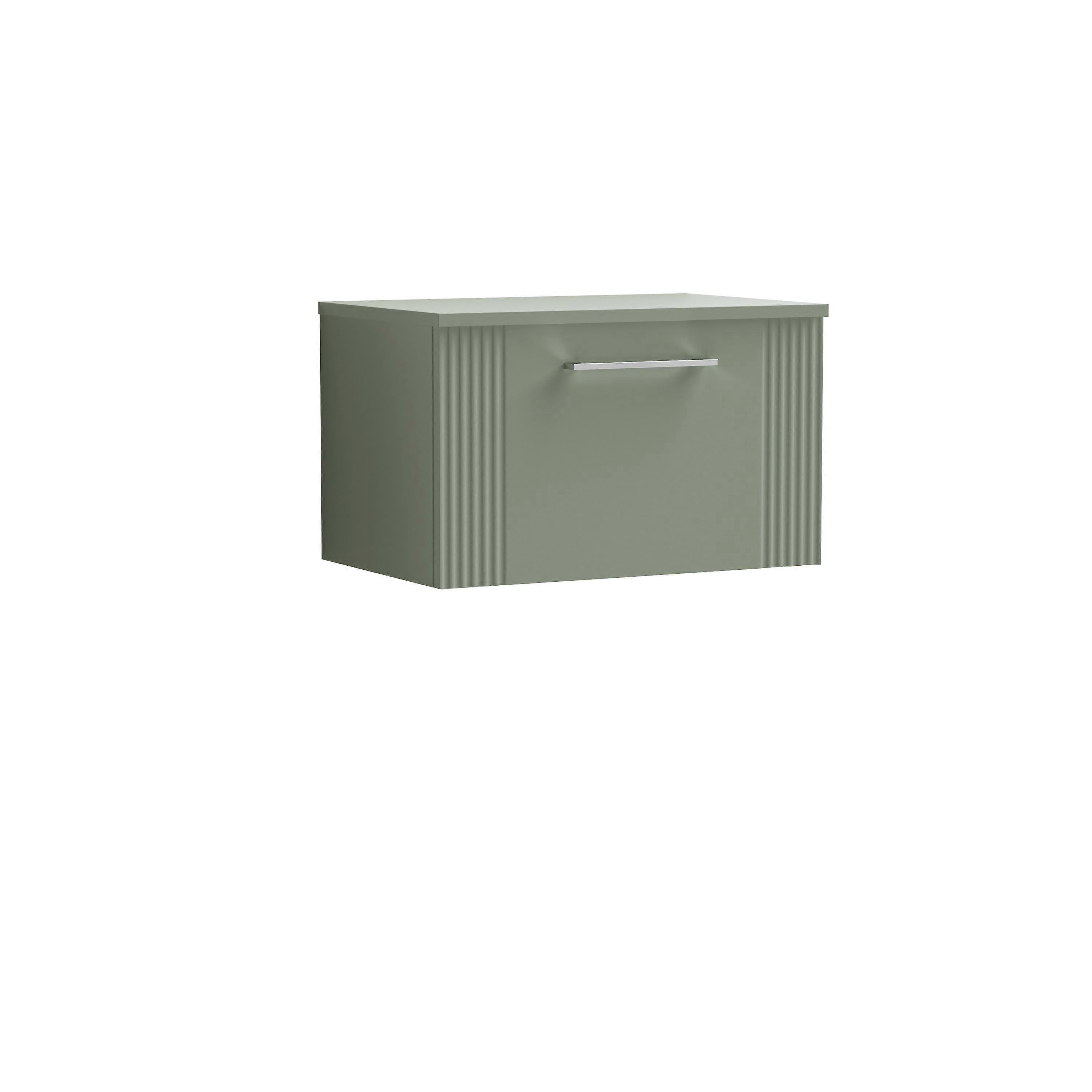 Partial Fluted 1 Drawer Wall Hung Vanity Unit with Colour Coordinating Worktop - 600mm - Satin Green 