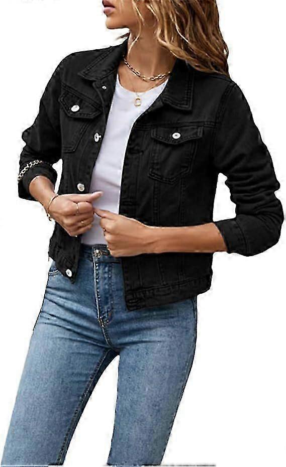 Women's Denim Jacket Casual Long Sleeve Lapel Solid Color Button Pockets Slim Fit Denim Jacket Spring Autumn Outerwear with Pockets