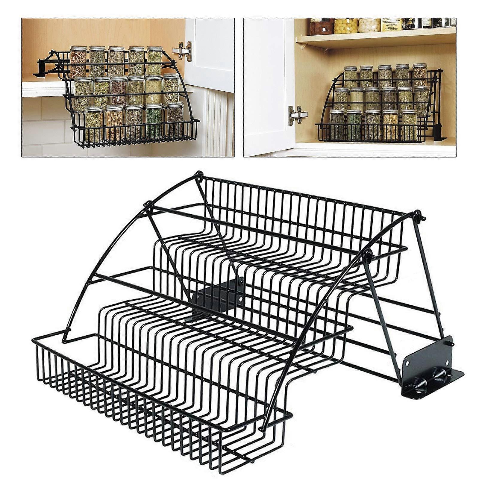 Pull Down Spice Rack for Upper Cabinets, 3Tier Black Wire Organizer with Screw Mount for Deep Inside Storage