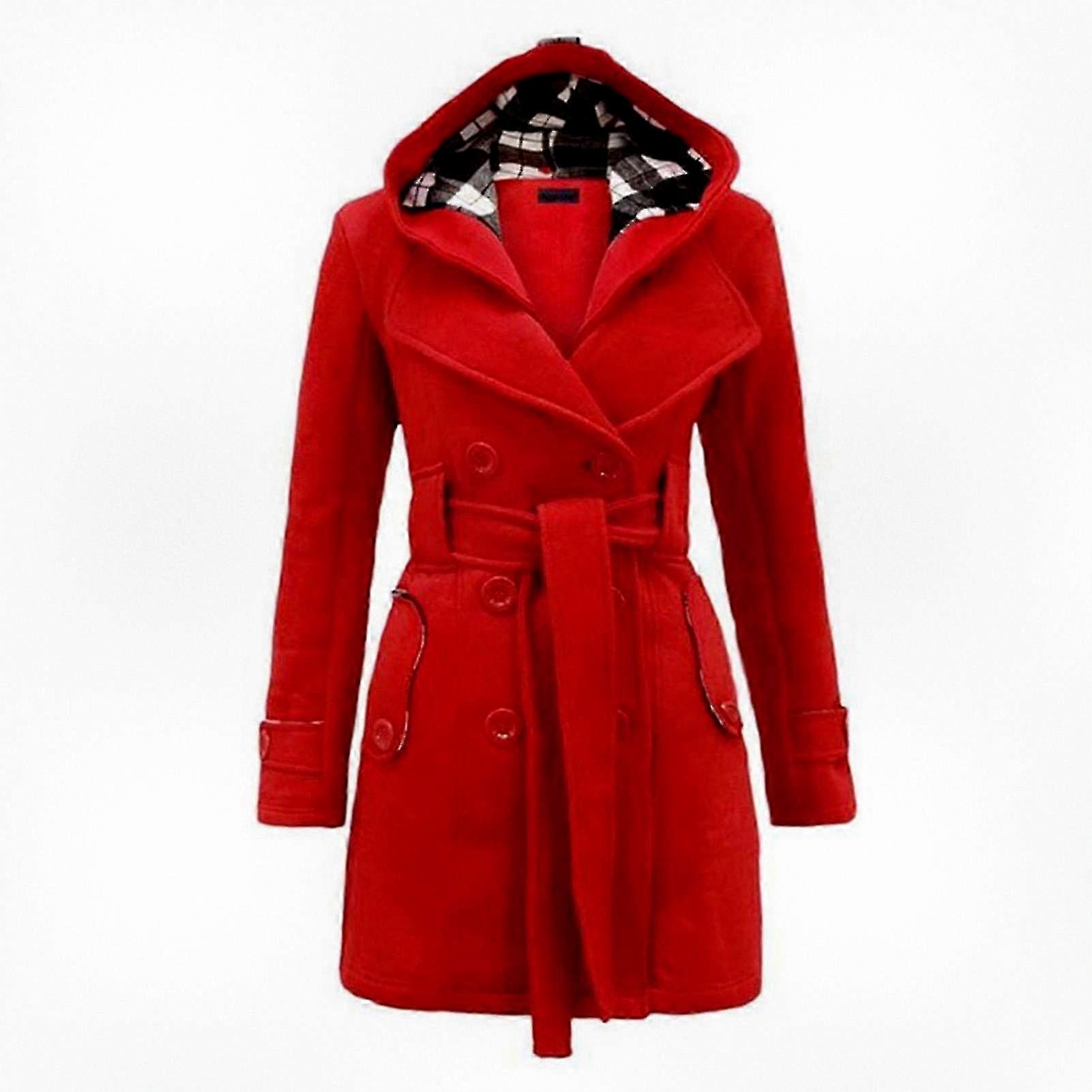 Women's Double Breasted Winter Hooded Coat with Waist Belt Felt
