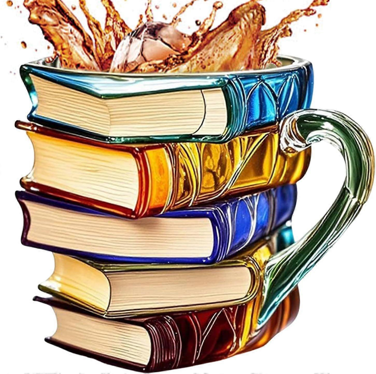 Painted Book Mug, 3D Painted Books Coffee Mug for Hot Or Cold Brews, Novelty Unique Books Stack Shaped Coffee Mug Gifts for Book Lovers Readers