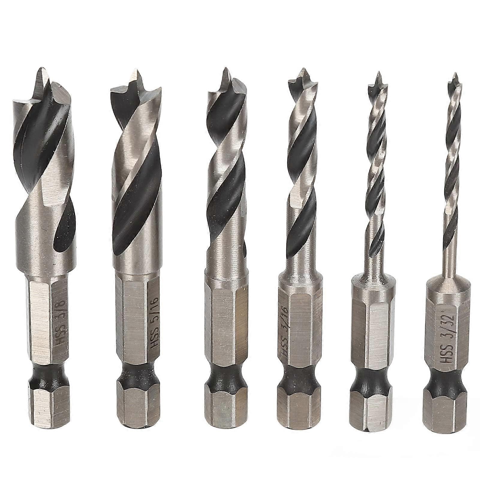 6piece 3Point HSS Drill Bit Set for Woodworking, Inch Sizes, Durable, Prevents Skipping