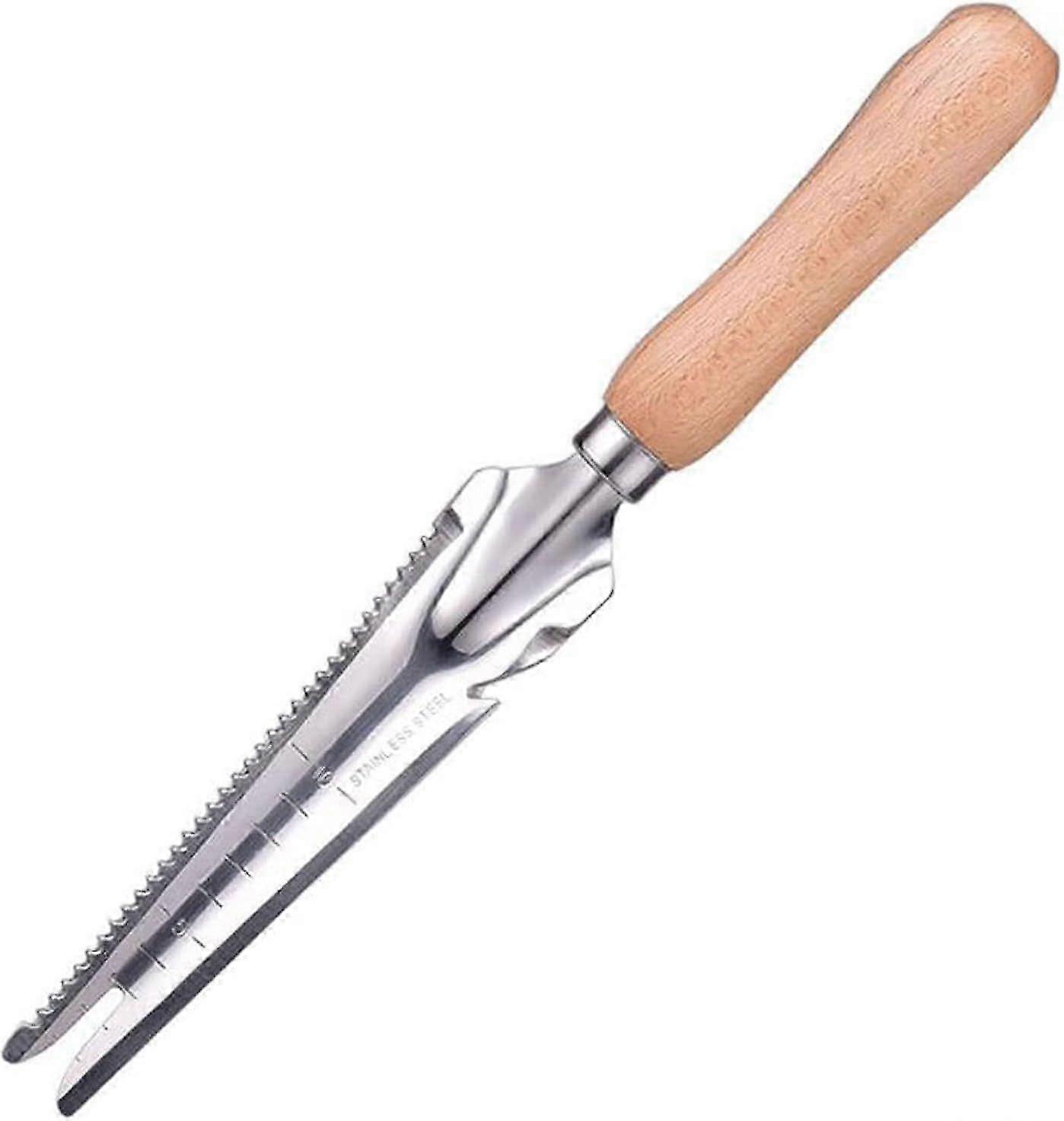 Versatile gardening hand tool for weeding, transplanting, pruning, digging, and measuring, featuring a wooden handle and a durable stainless