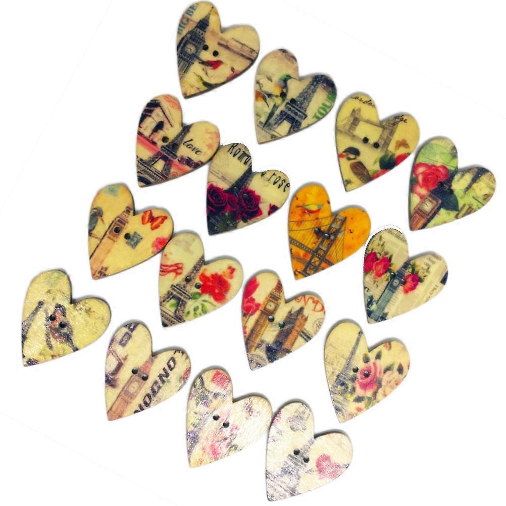 Heart Decorative Buttons 28X25mm Wooden Buttons for Handmade Crafts 50Pcs Assorted Color