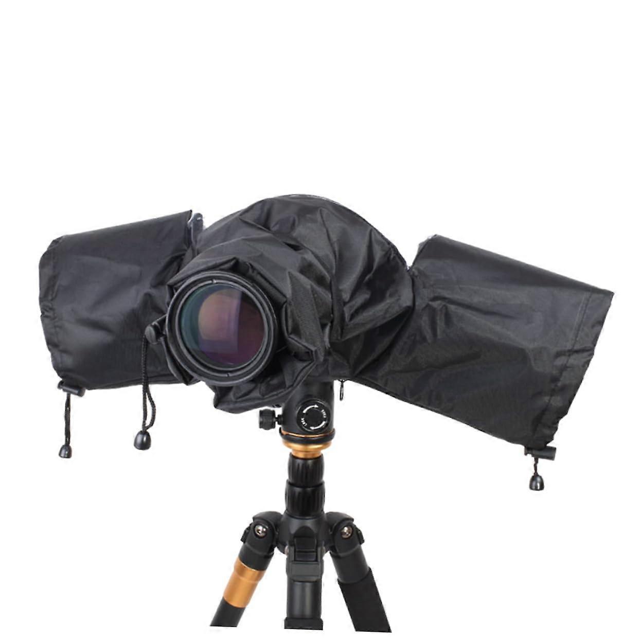 Rain protection for camera, weather cover with elastic cord, lens cover to protect against rain, and safeguards cameras and flashes.