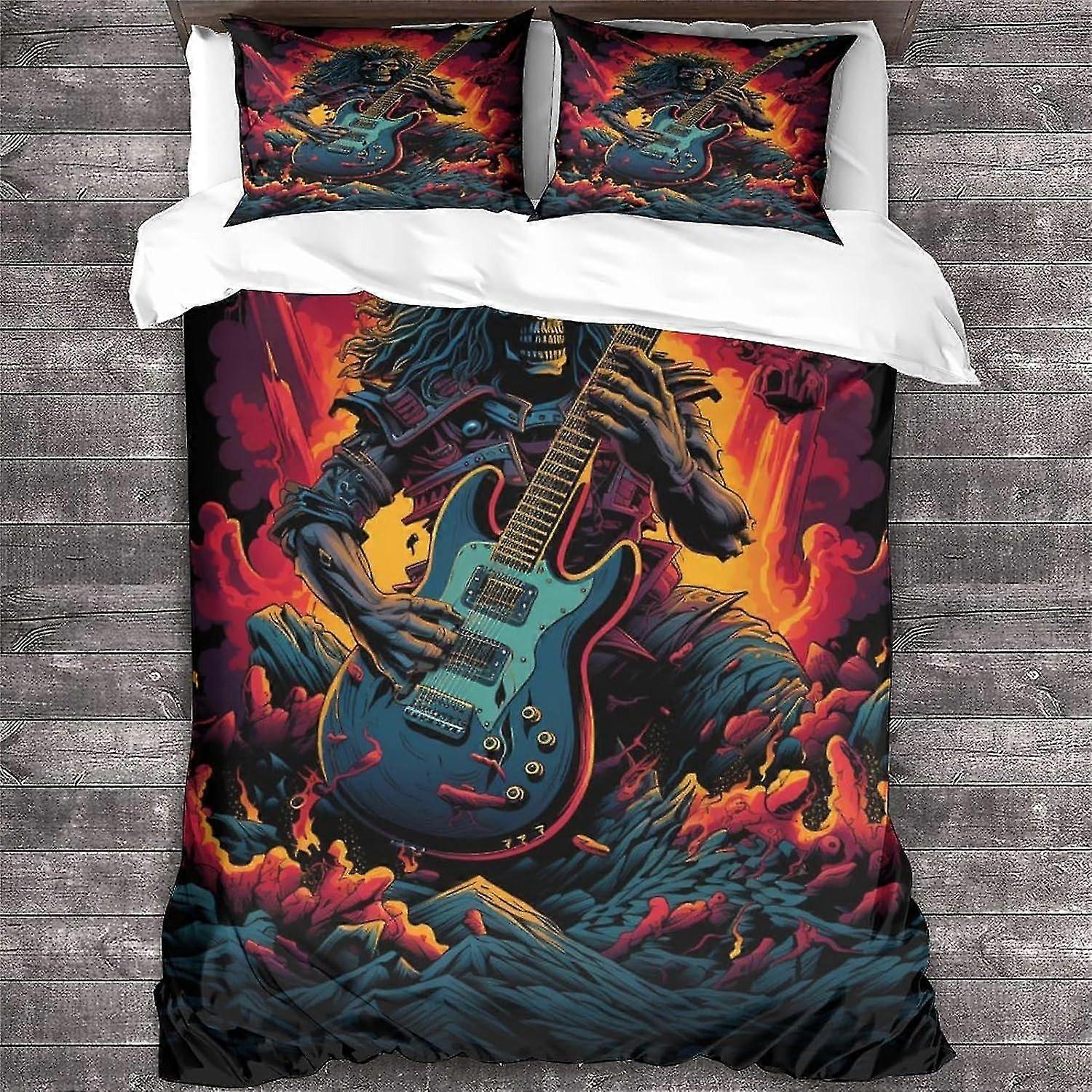 Skull Pattern Heavy Metal Guitar Bedding Set with Zipper Closure Soft Microfiber Quilt Cover
