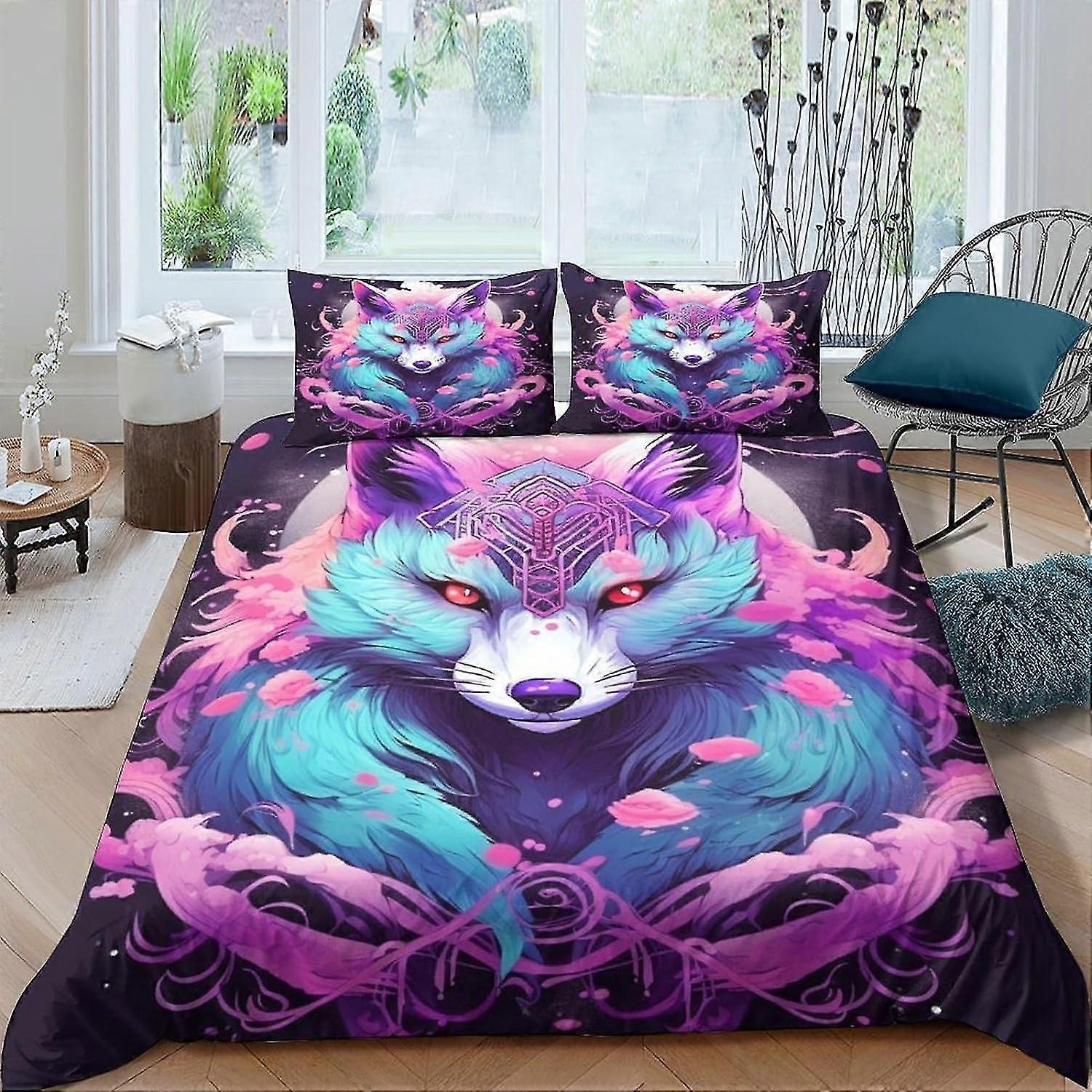 Conjunto de capa de edredom de microfibra macia de 3 peças com design de raposa 3D para adolescentes com fronha