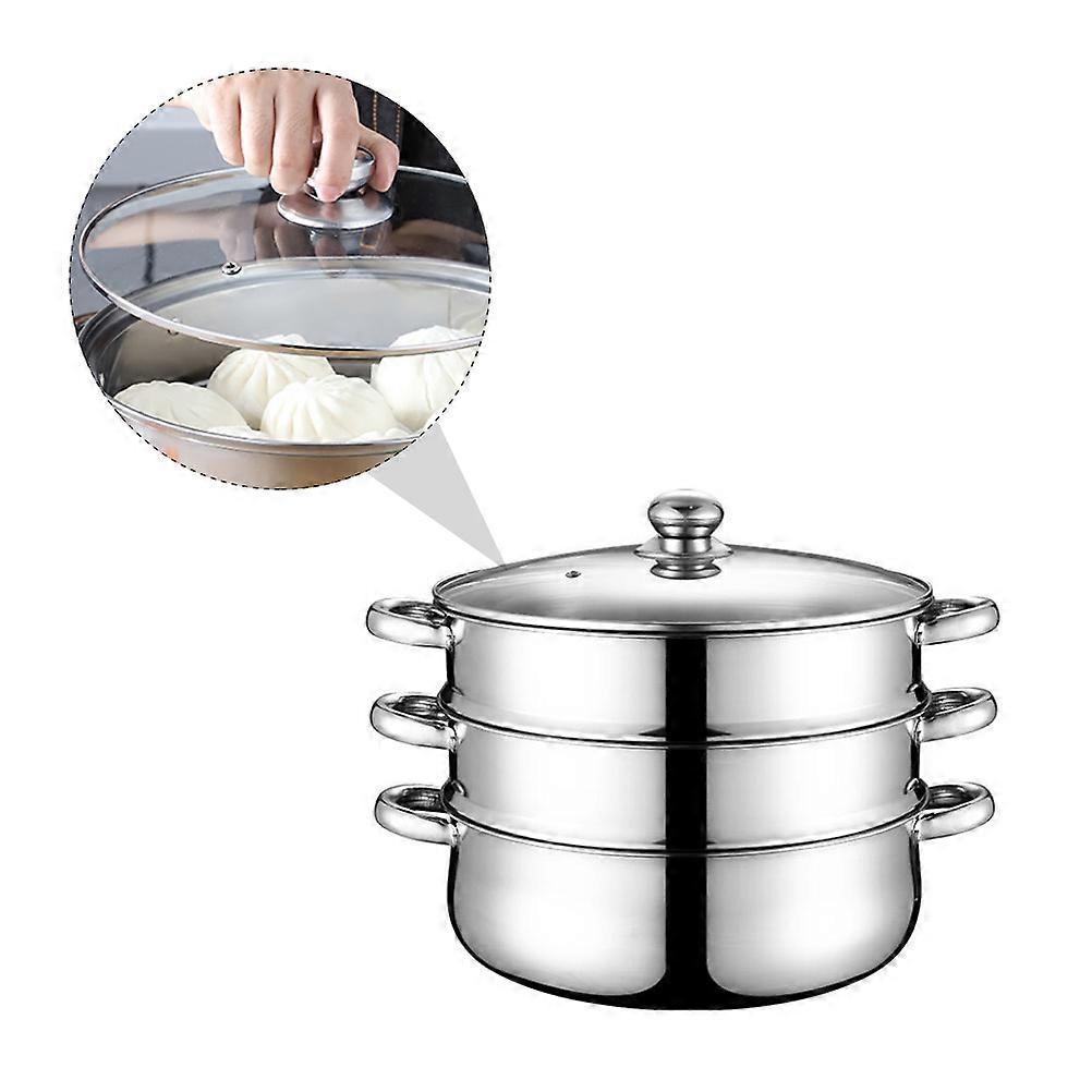 Stainless Steel Three Layer Steamer Soup Cooking Pot for Home Use Silver 28cm