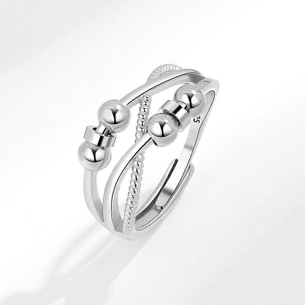 Silver Anti-Stress Ring For Women, Rotating Anxiety Ring, Adjustable Open Ring, Cubic Zirconia