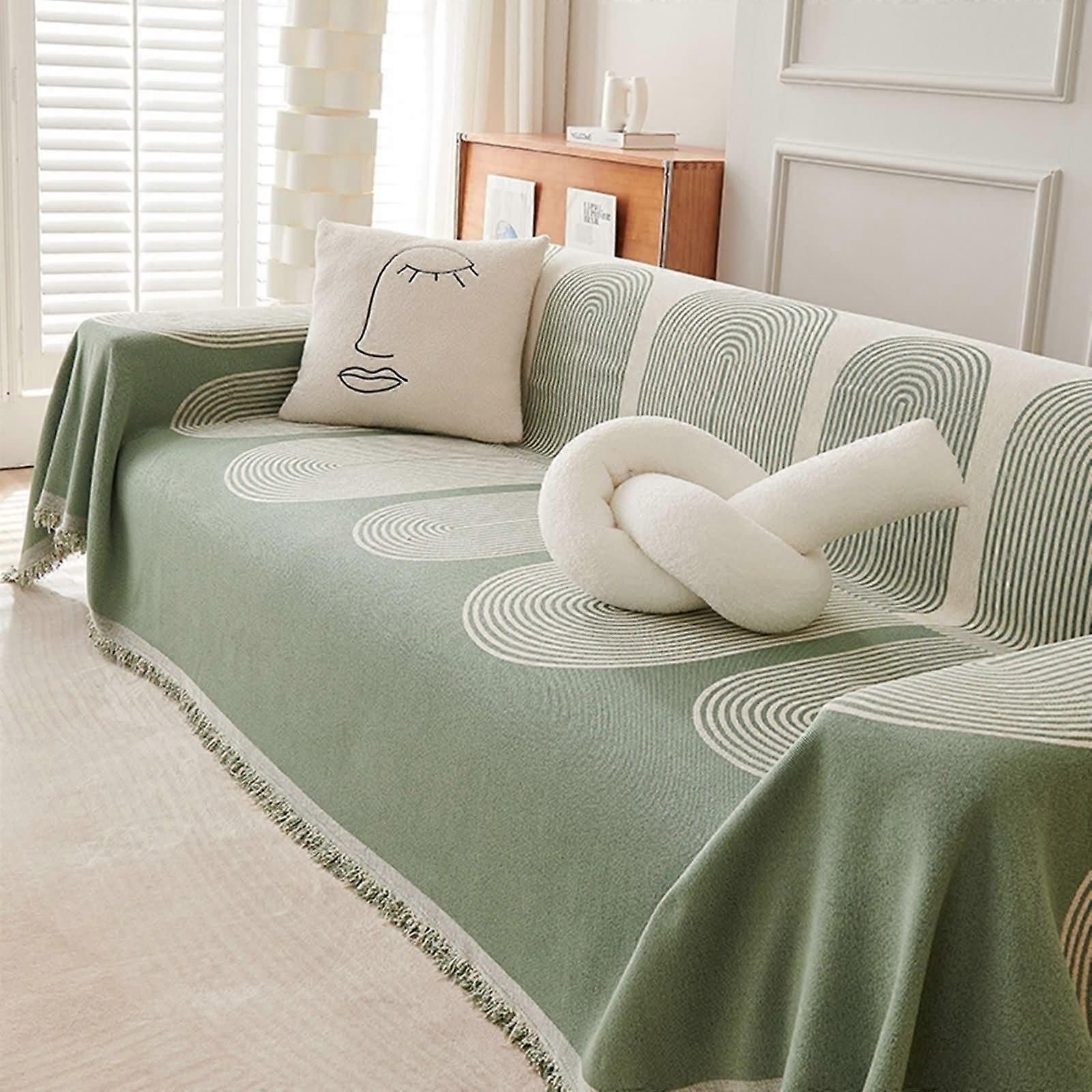 Green Chenille Sofa Cover with Striped Pattern, 4Seater Couch Blanket (180 x 420 cm)