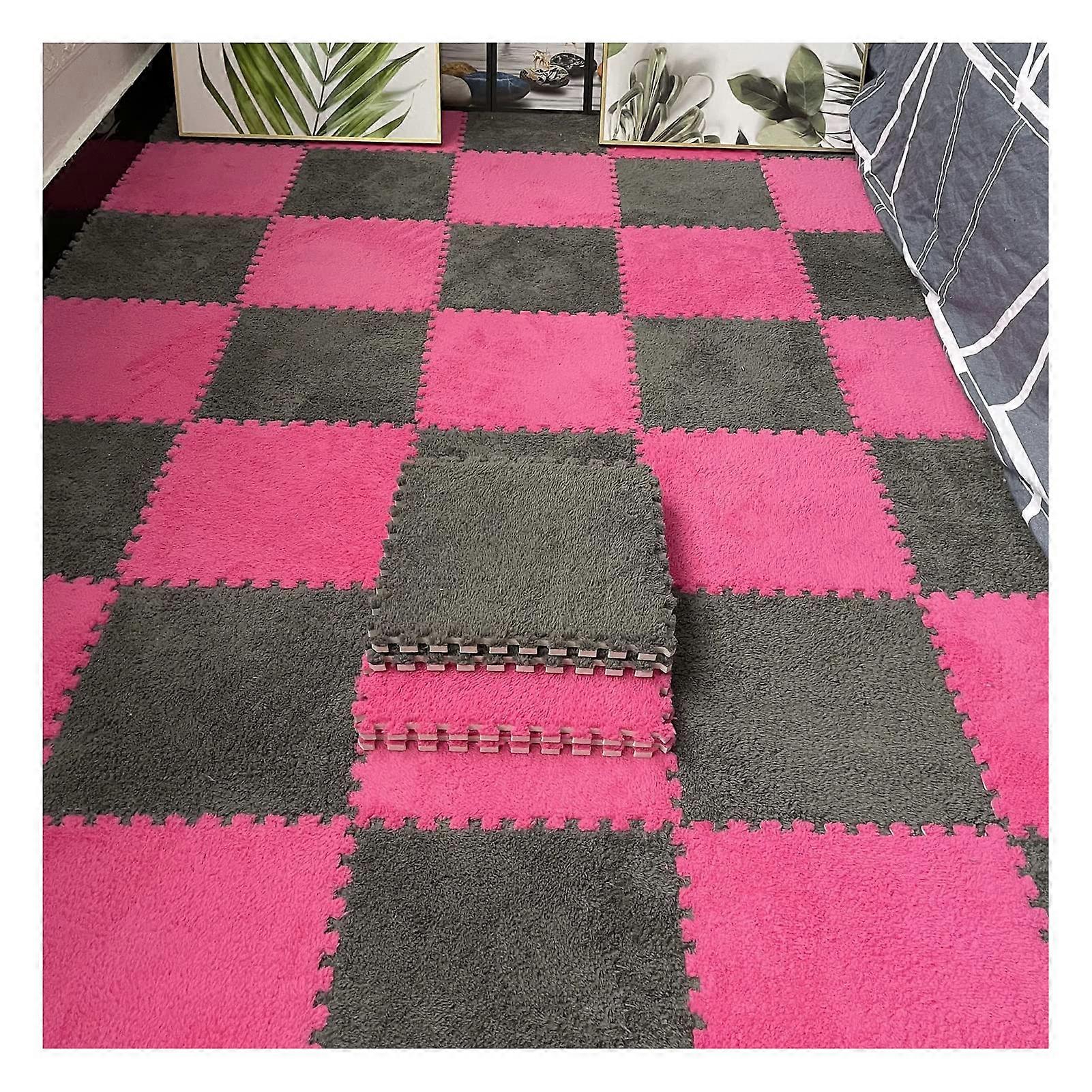 12piece interlocking carpet tile set made of soft plush foam for living room, bedroom, and hard floors, 12 tiles/12 m, gray and pink