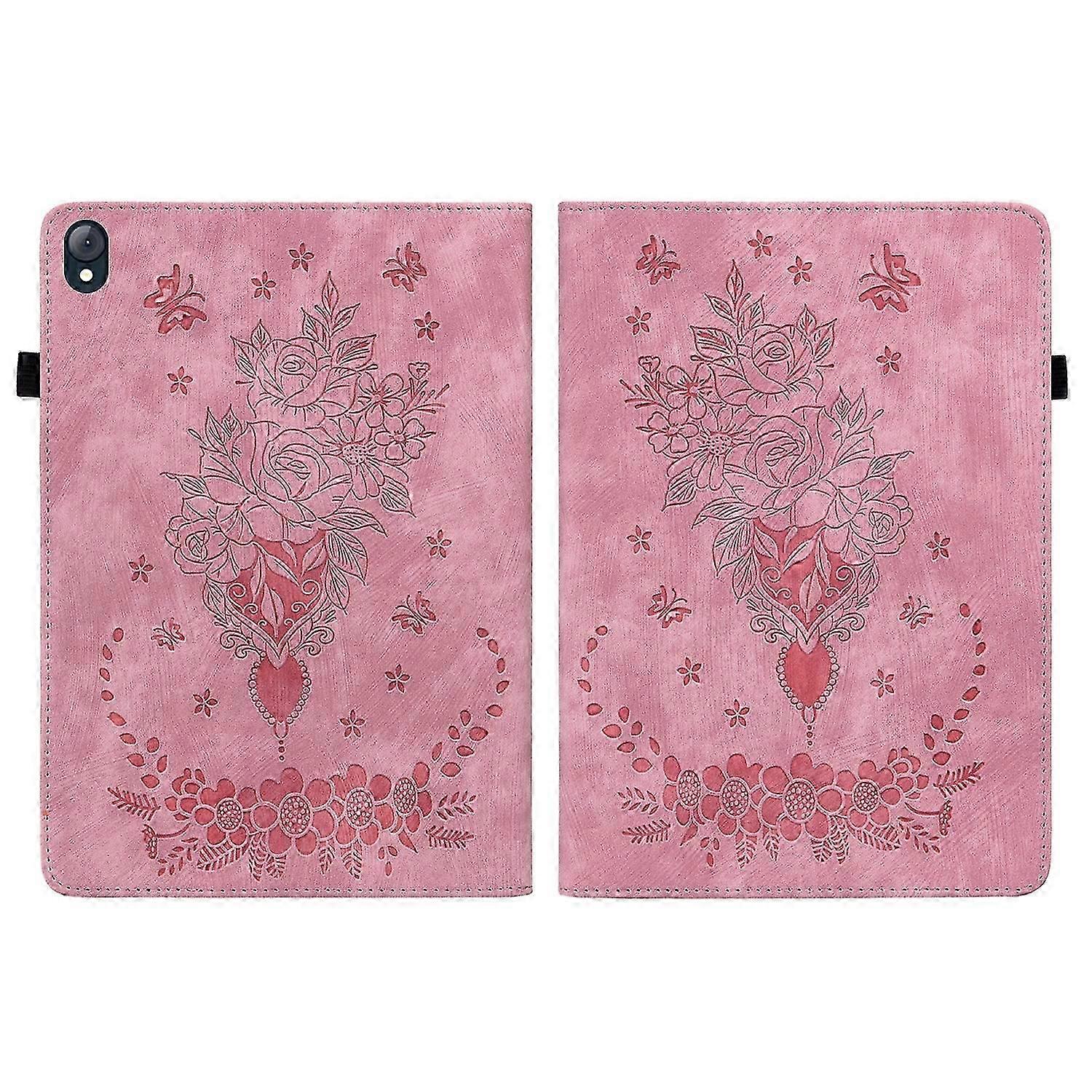 Tablet Case For Lenovo Tab K10 Butterfly Rose Embossed Leather Tablet Case(Pink)