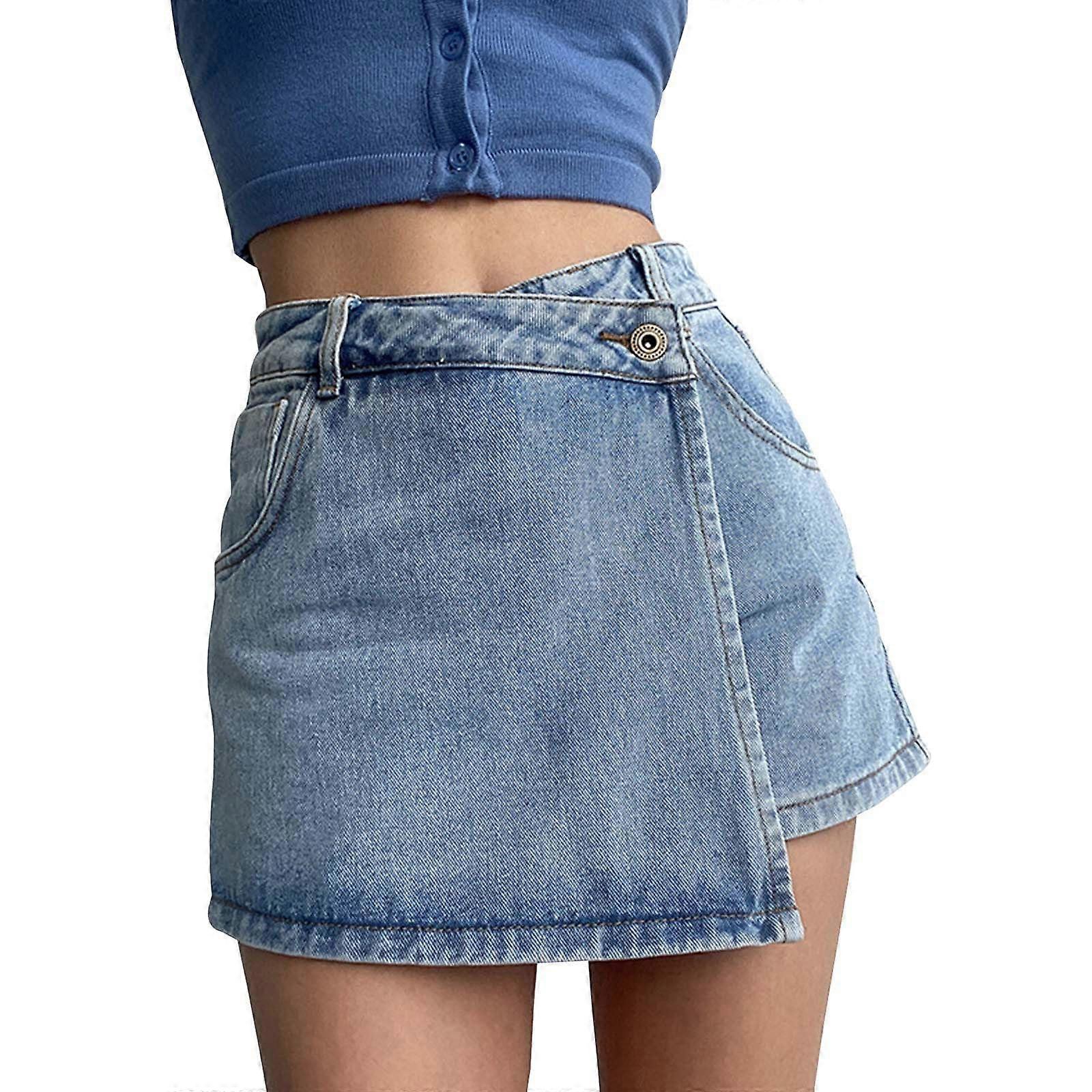 Denim Skirt Women’s High Waist A-line Two-Piece Casual Short Skort in Blue Large Size for Summer Fashion