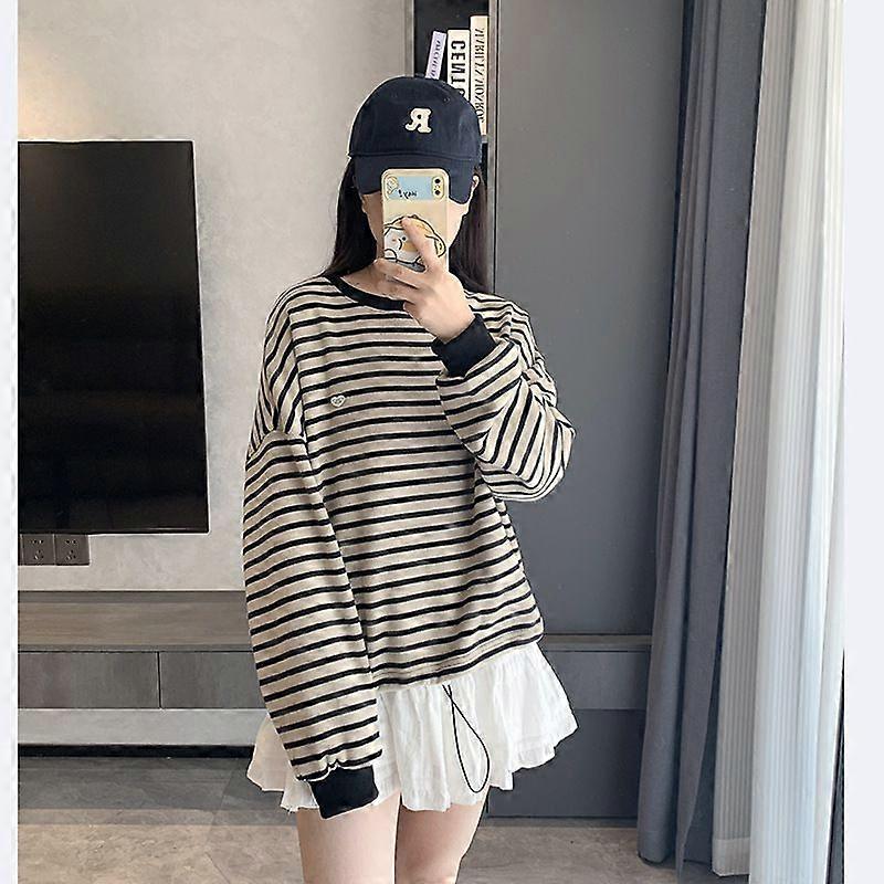Striped Sweatshirt Women's Fleece Thickened Winter Hatless Simple Loose Autumn And Winter Lazy Wind F1018