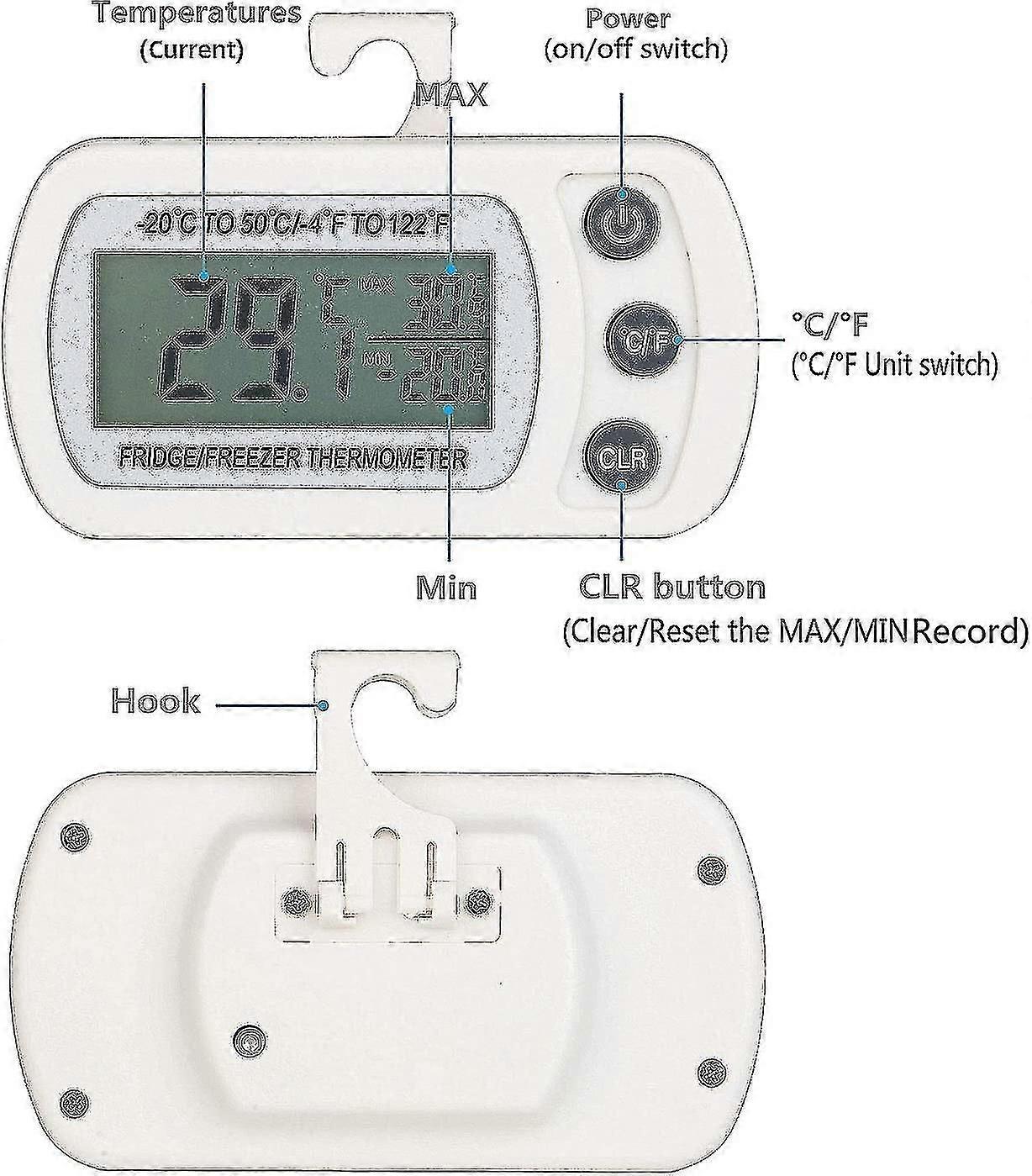 2pcs Digital Fridge and Freezer Thermometer, -20C to 50C, LCD Display with Max/Min Record Function, White
