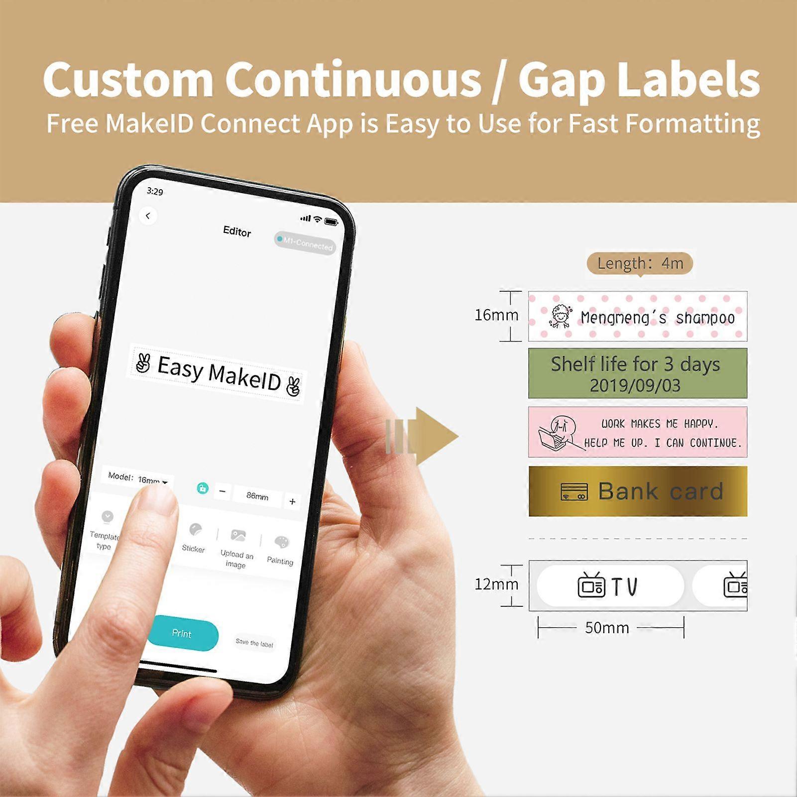 MAKEID Portable Mini Pocket Printer Thermal Label Printing Machine Wireless BT Connection with 1 Roll Label Paper Tape Inkless Printing DIY Sticker Co