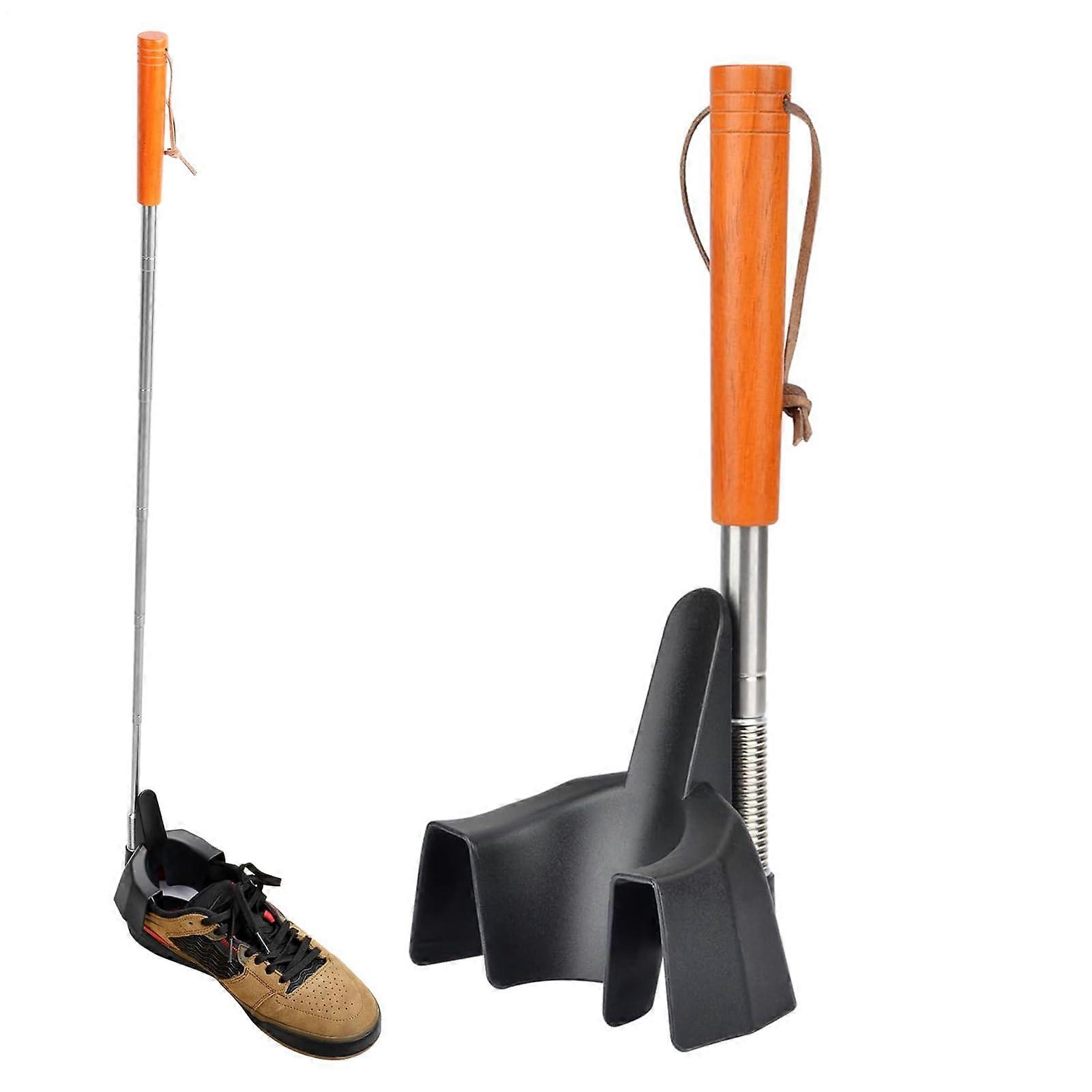 Shoe Horn Telescopic Long Handle, Extended Reach, Adjustable Metal, Brown Finish, Portable