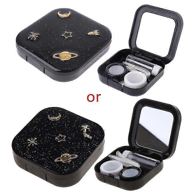Stars & Moon Contact Lens Case with Mirror, Portable, Black