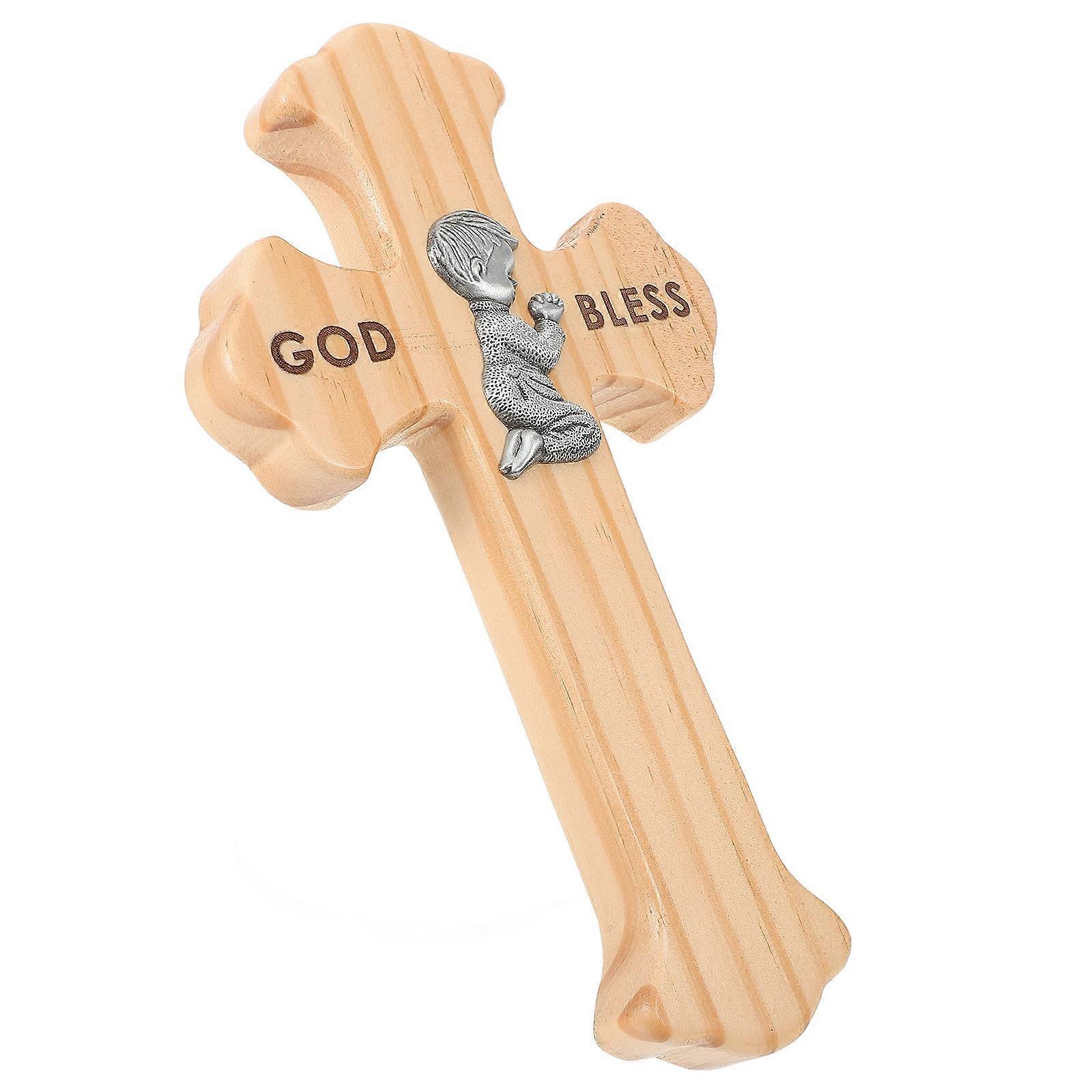 Wooden Cross Wall Decoration with Praying Boy Engraved 2Pcs for Home