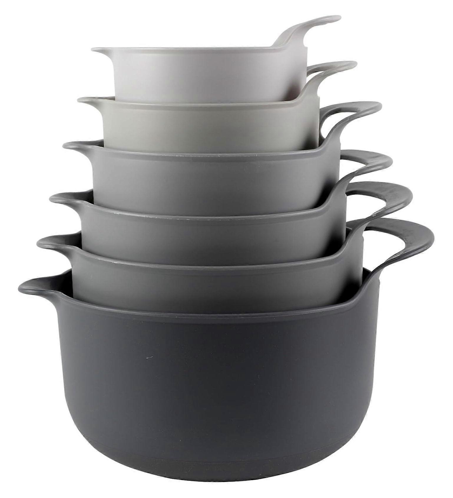 Nesting Plastic Mixing Bowl Set with Pour Spouts and Handles, Gray, 6 Piece Non-Slip