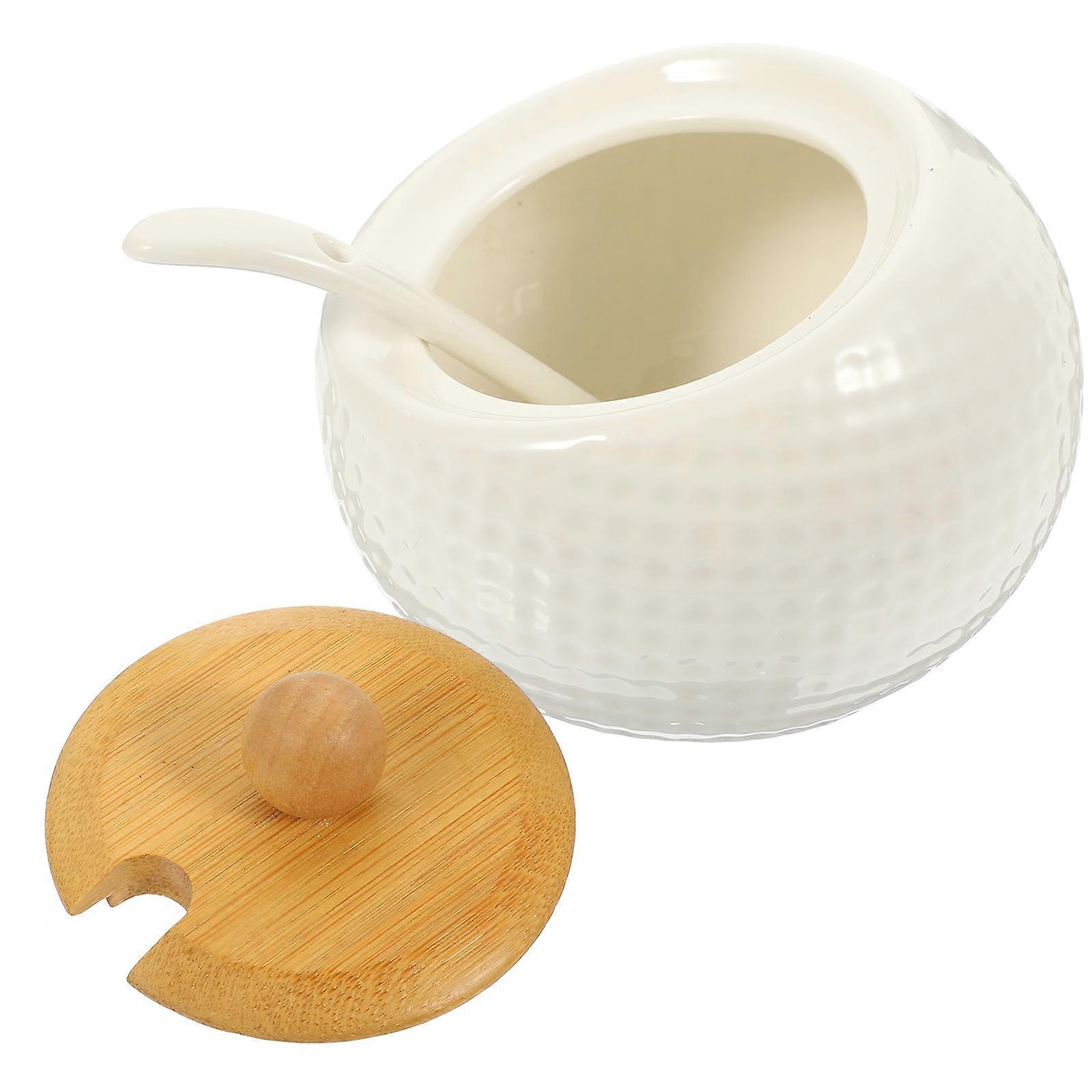 Kitchen Spice Container 2 Sets Ceramic Condiment Jar with Lid and Spoon for Home Kitchen Dining Restaurant 9X9X7CM Round Storage