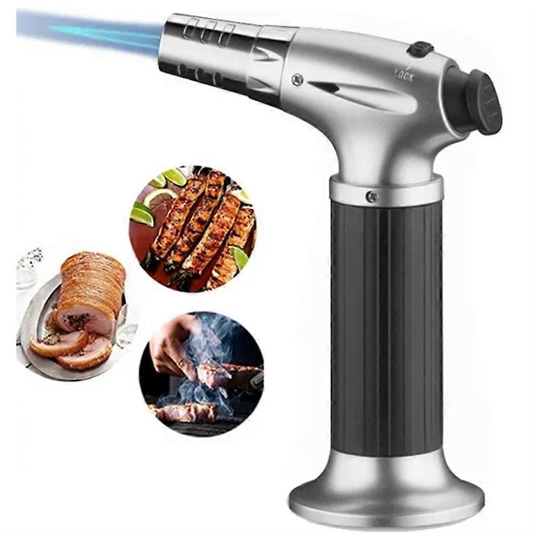 Butane Torch Lighter, Refillable with Safety Lock & Adjustable Flame, Compatible with Kitchen, DIY, Creme Brulee, BBQ, Baking, Silver