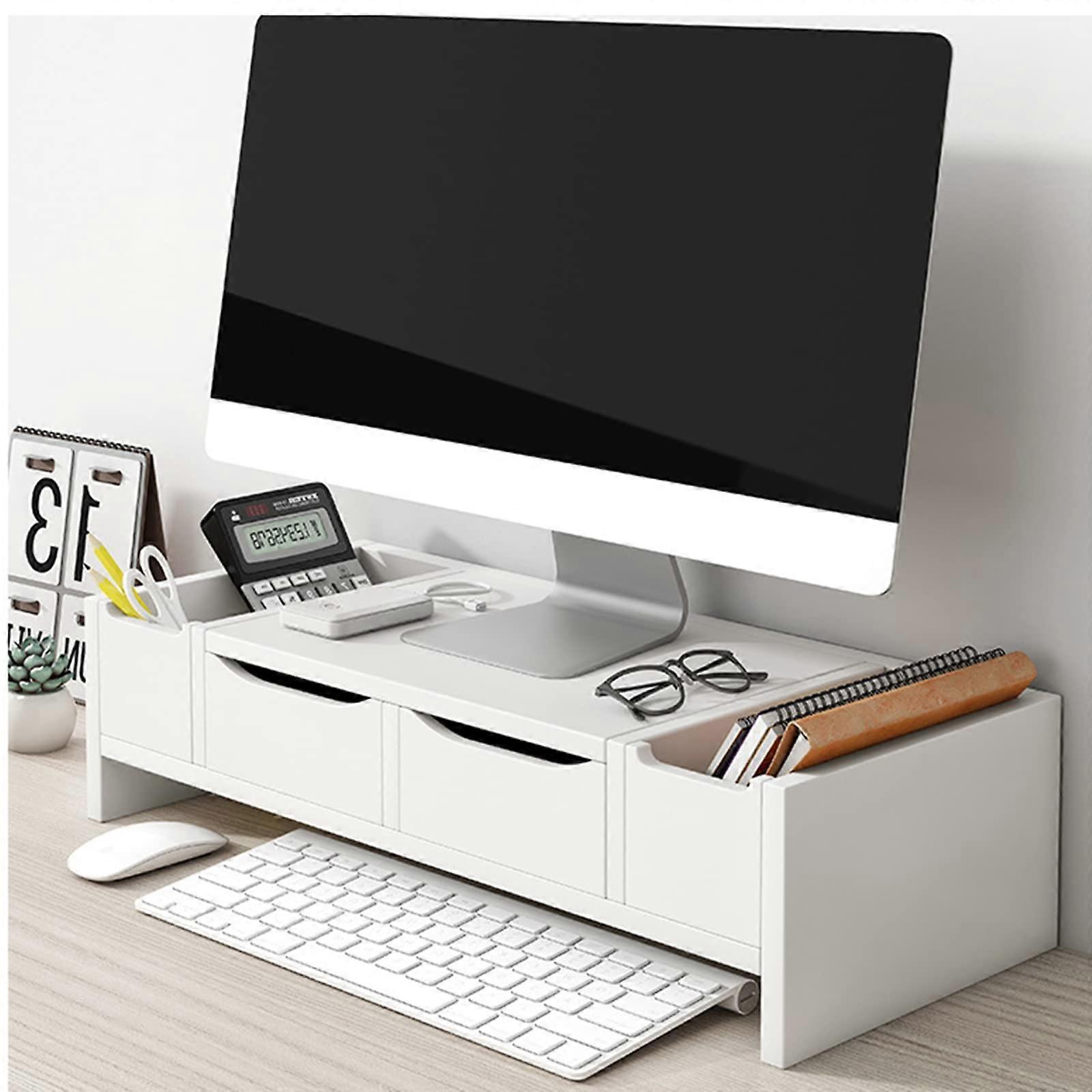 SpaceSaving Wooden Monitor Stand with Drawer 2Tier Desktop For Computer And TV White Cabinet Door Design