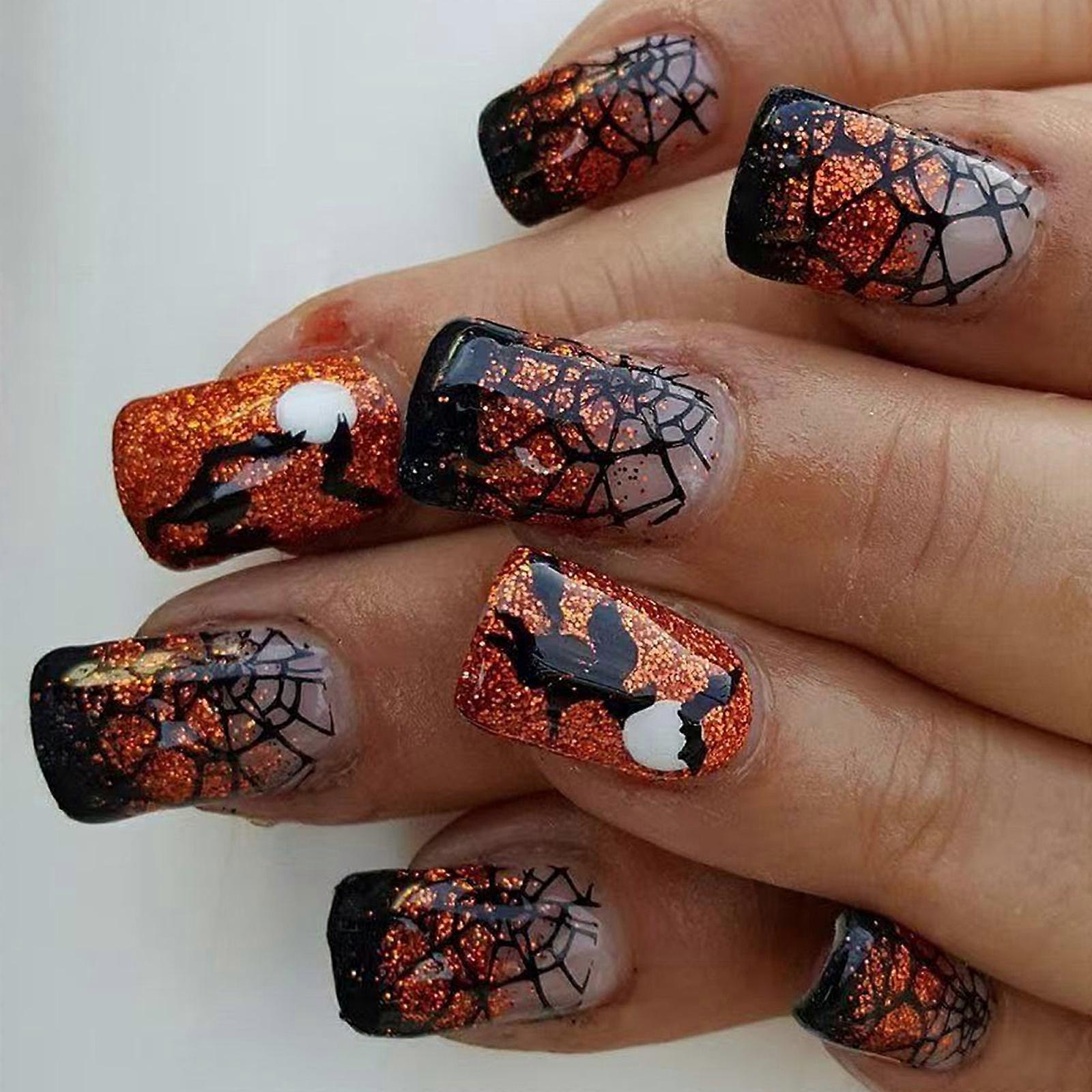 Halloween Press On Short Square Black Orange Color Witch Web Design Artificial For Party Wear Multicolor