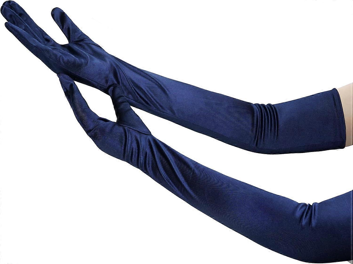 Nackiy Long Opera Gloves for Women, 1920s Satin Stretchy Halloween Elbow Length Party Gloves Costumes Bridal, 20inch(New Navy Blue)