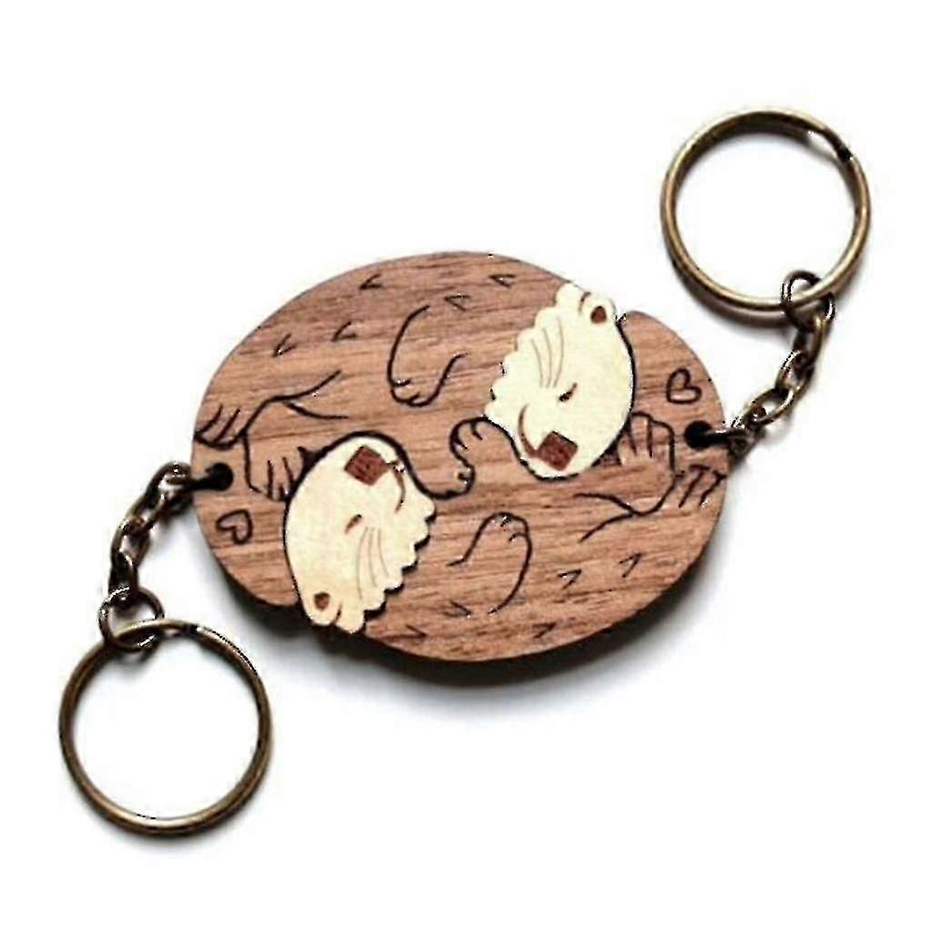 2pcs Cute Otters Couple Keychain Wooden-keyring Matching Puzzles Keychain