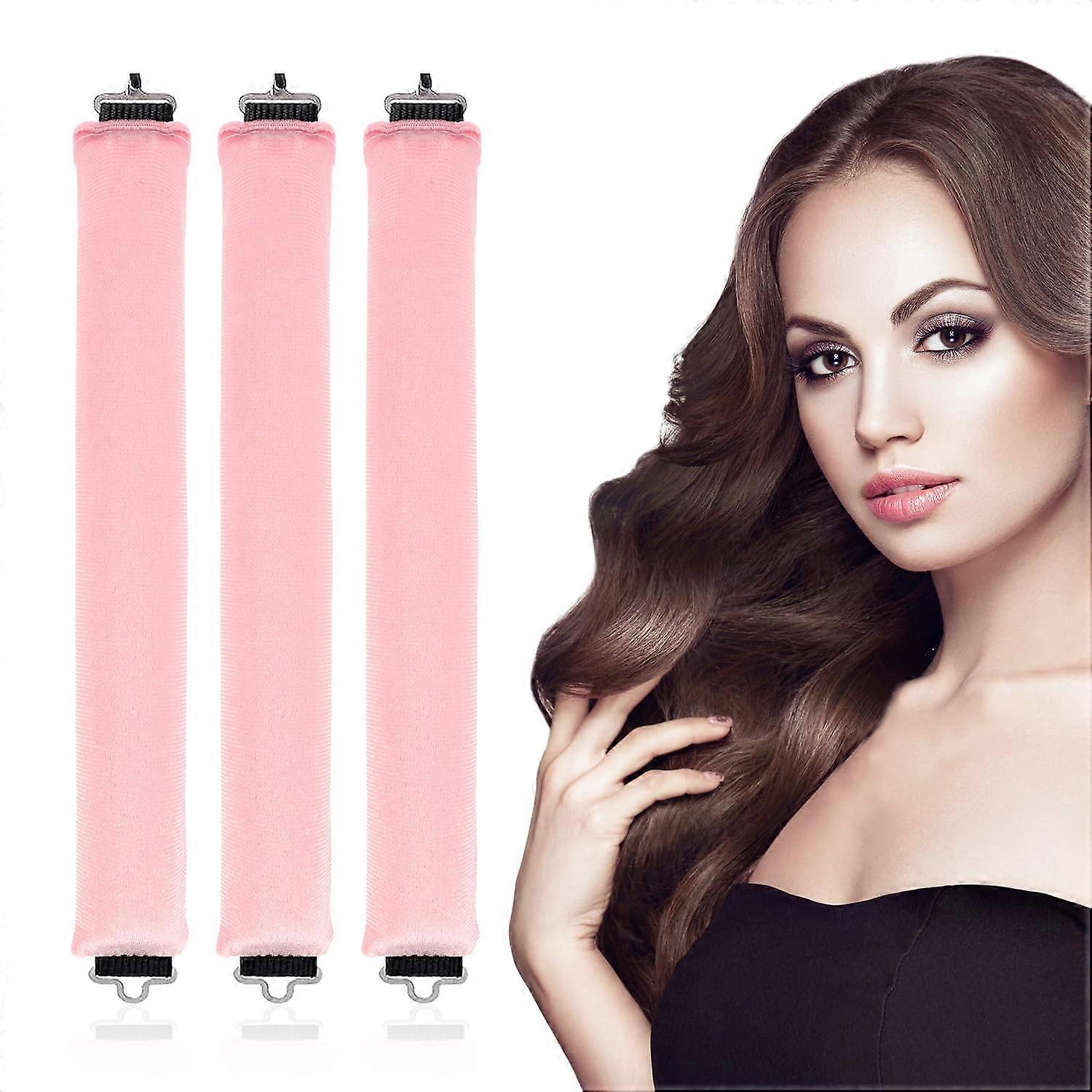 3pcs Heatless Hair Curlers Soft Flannel No Heat Curling Rods with Hooks for Overnight Curls Pink