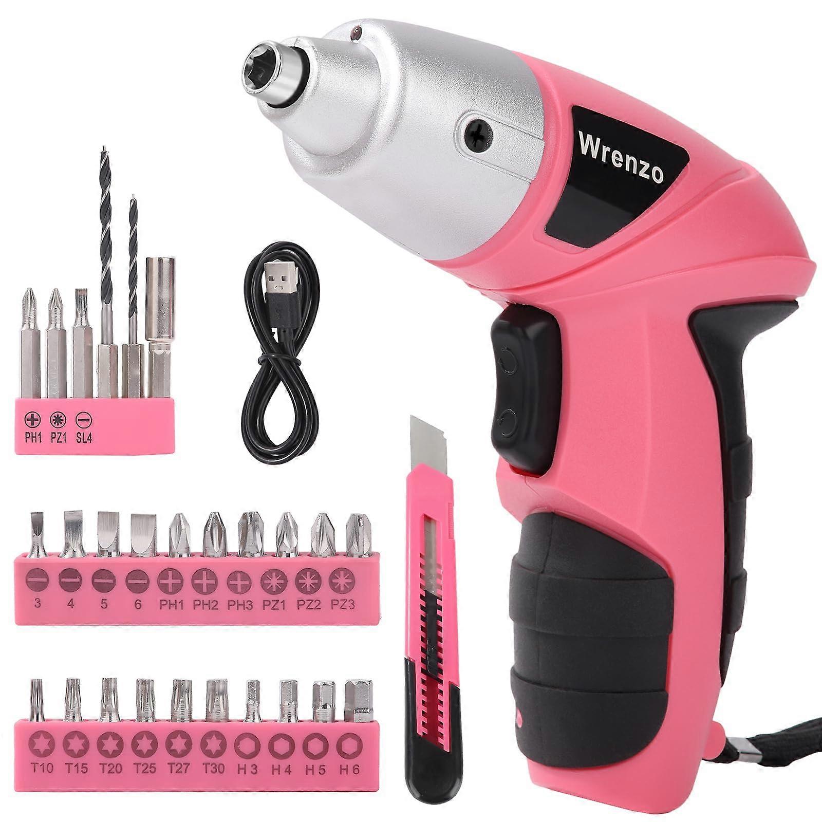 Electric Screwdriver 3.6V Cordless Set with 28 Magnetic Bits USB Fast Charging Pink
