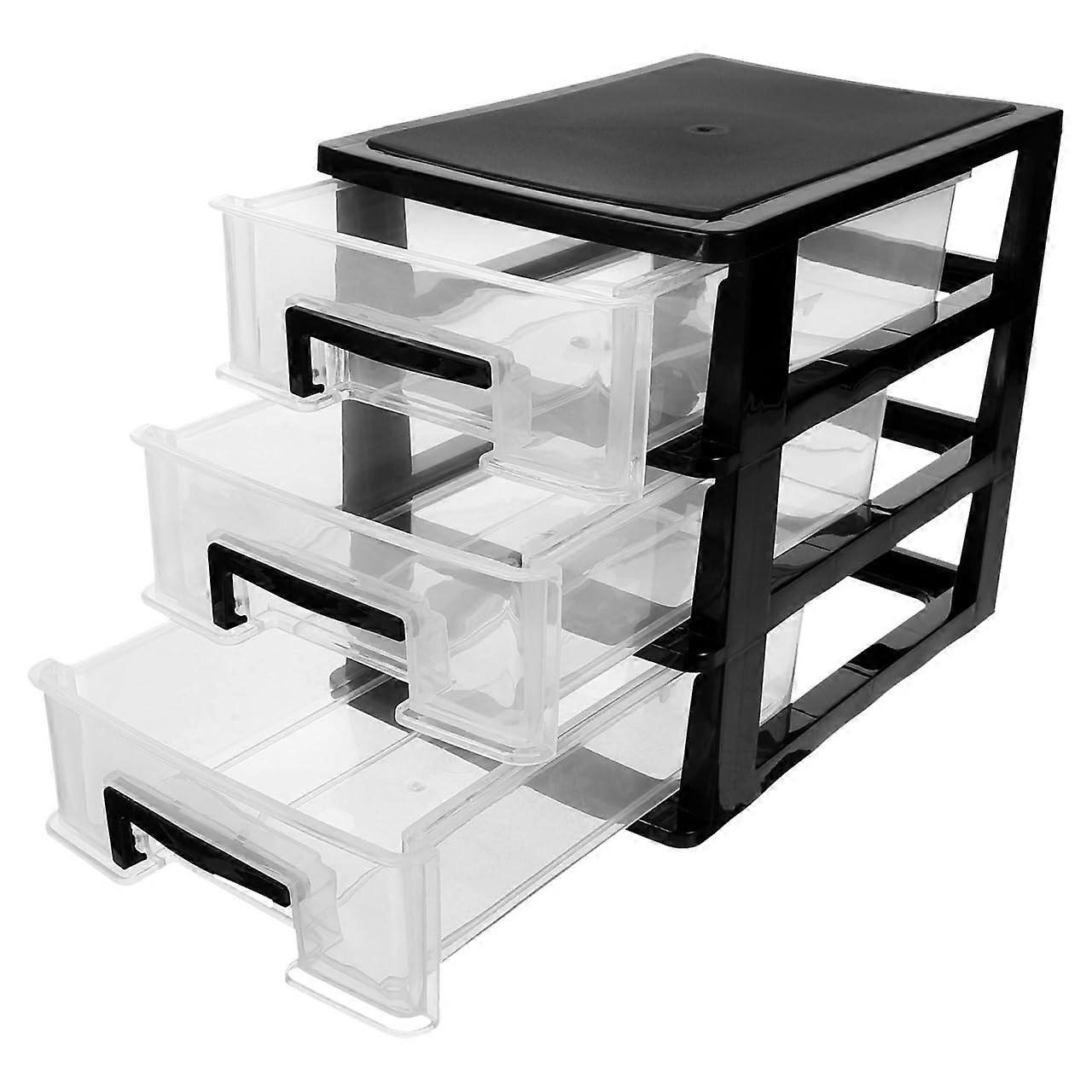 Plastic Storage Drawer Three Tier Cabinet Organizer Black and Transparent Space Saving Design