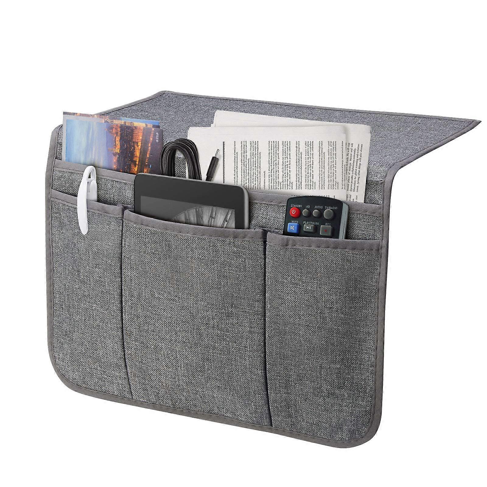 Bedside Caddy with Multiple Pockets, Bedside Organizer for Dorm or Home Storage, Gray Linen