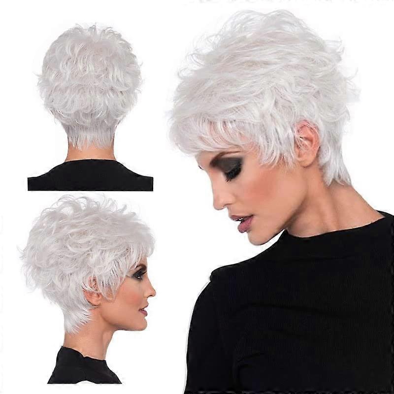 Silver Pixie Cut Wig with Slanted Bangs, Short Curly Hair, Fluffy White for Elderly Ladies