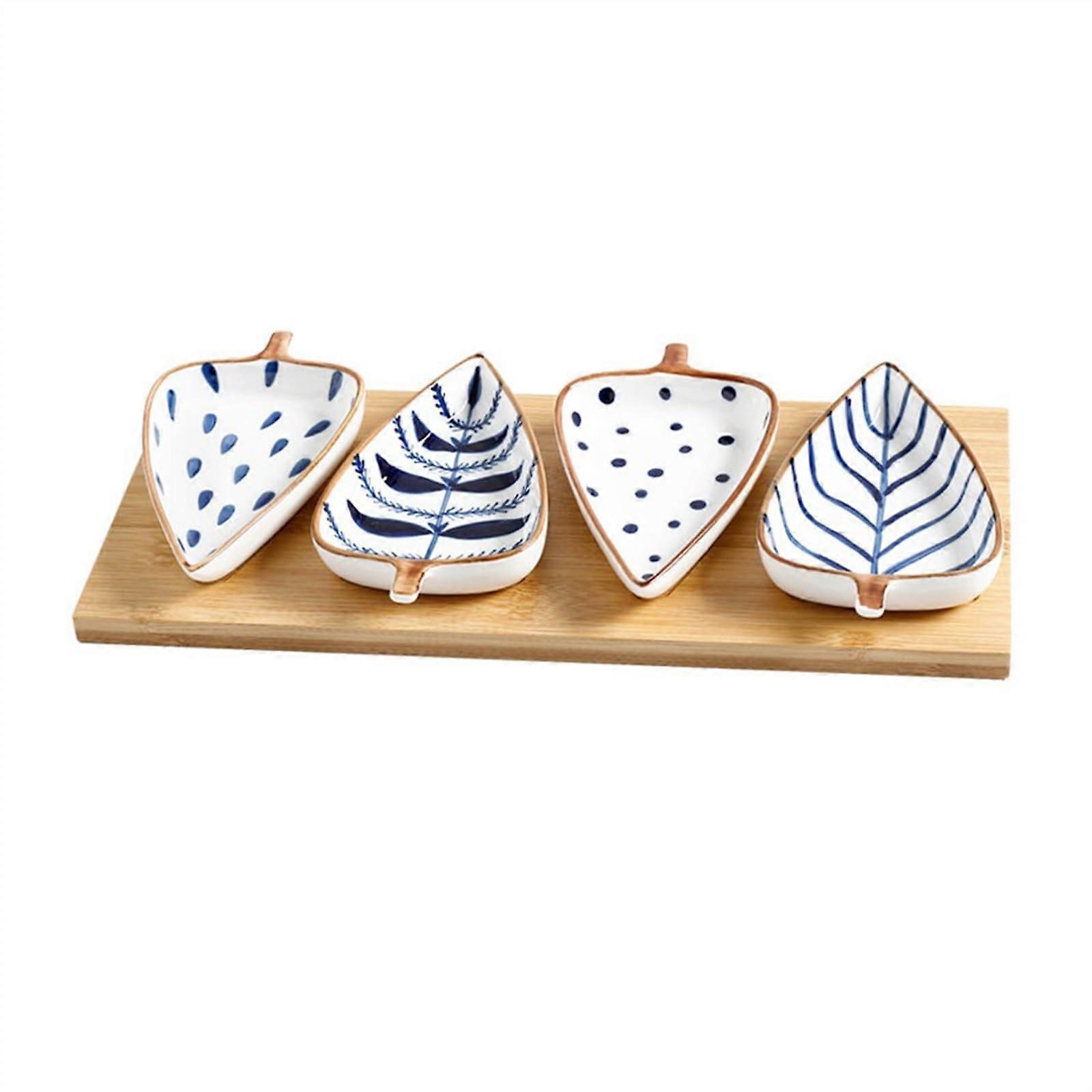 Ceramic and Wooden Serving Set with Creative Leaf Design, Compartmentalized Snack and Sauce Dish